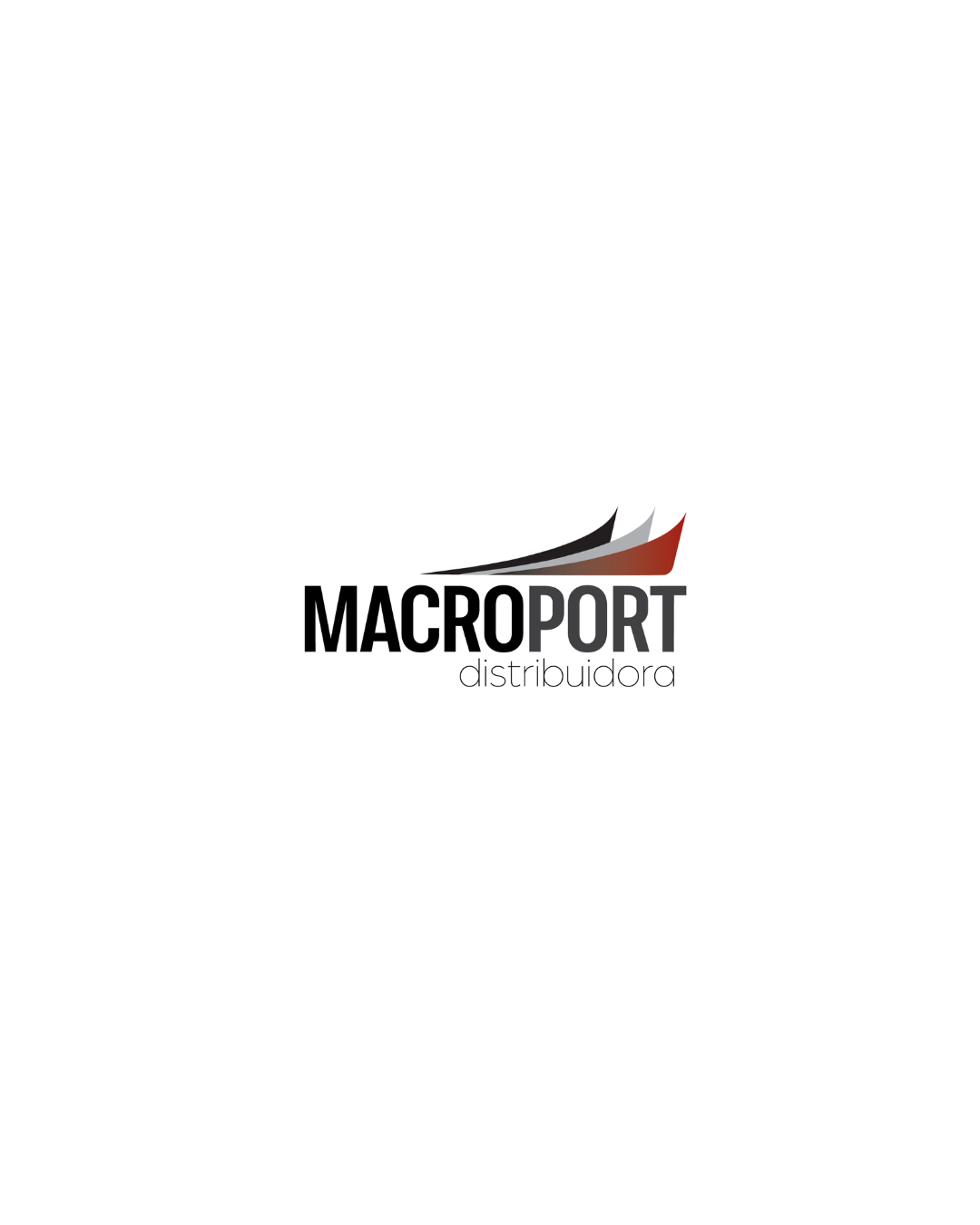 Logotipo da Macroport Distribuidora com letras pretas e cinza e três faixas curvas em preto, cinza e vermelho acima do nome.