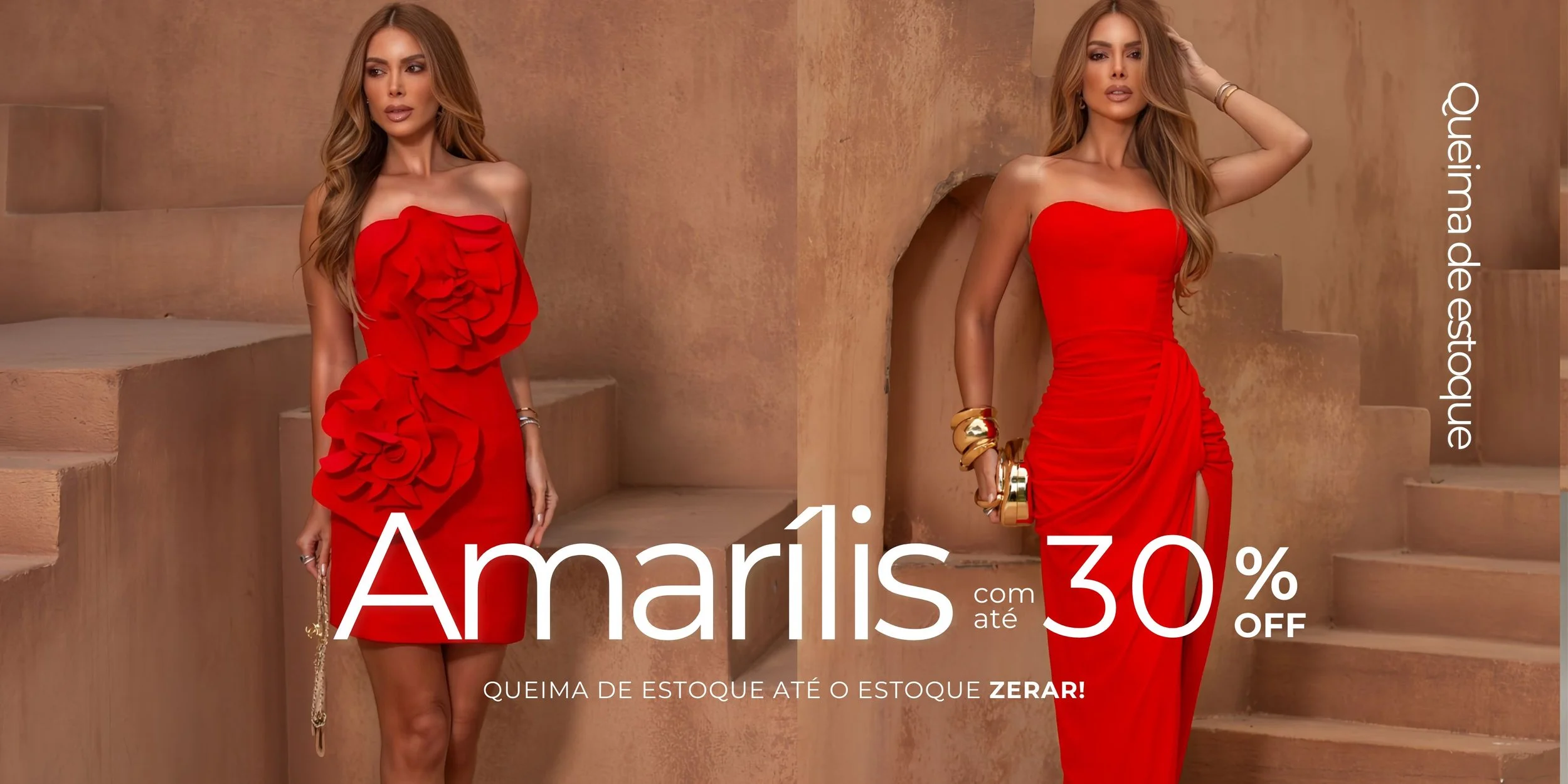 Duas mulheres em vestidos vermelhos, uma com vestido de ombro a ombro e detalhes de flores, a outra com vestido justo de alça, posando na frente de paredes de tom terroso.