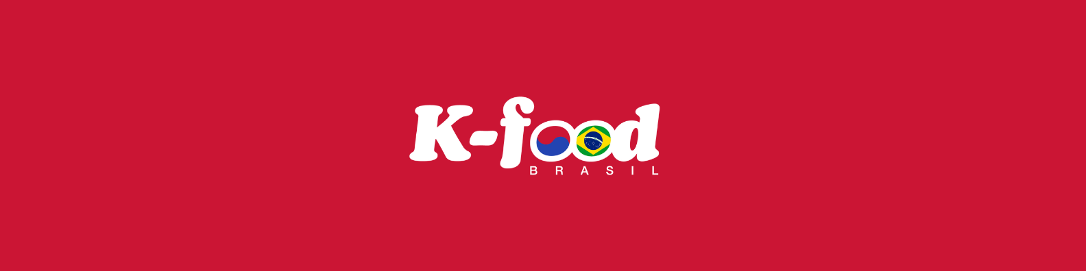 Logo do K-food Brasil com fundo vermelho, letras brancas e ícones da bandeira do Brasil e do logo do K-food.