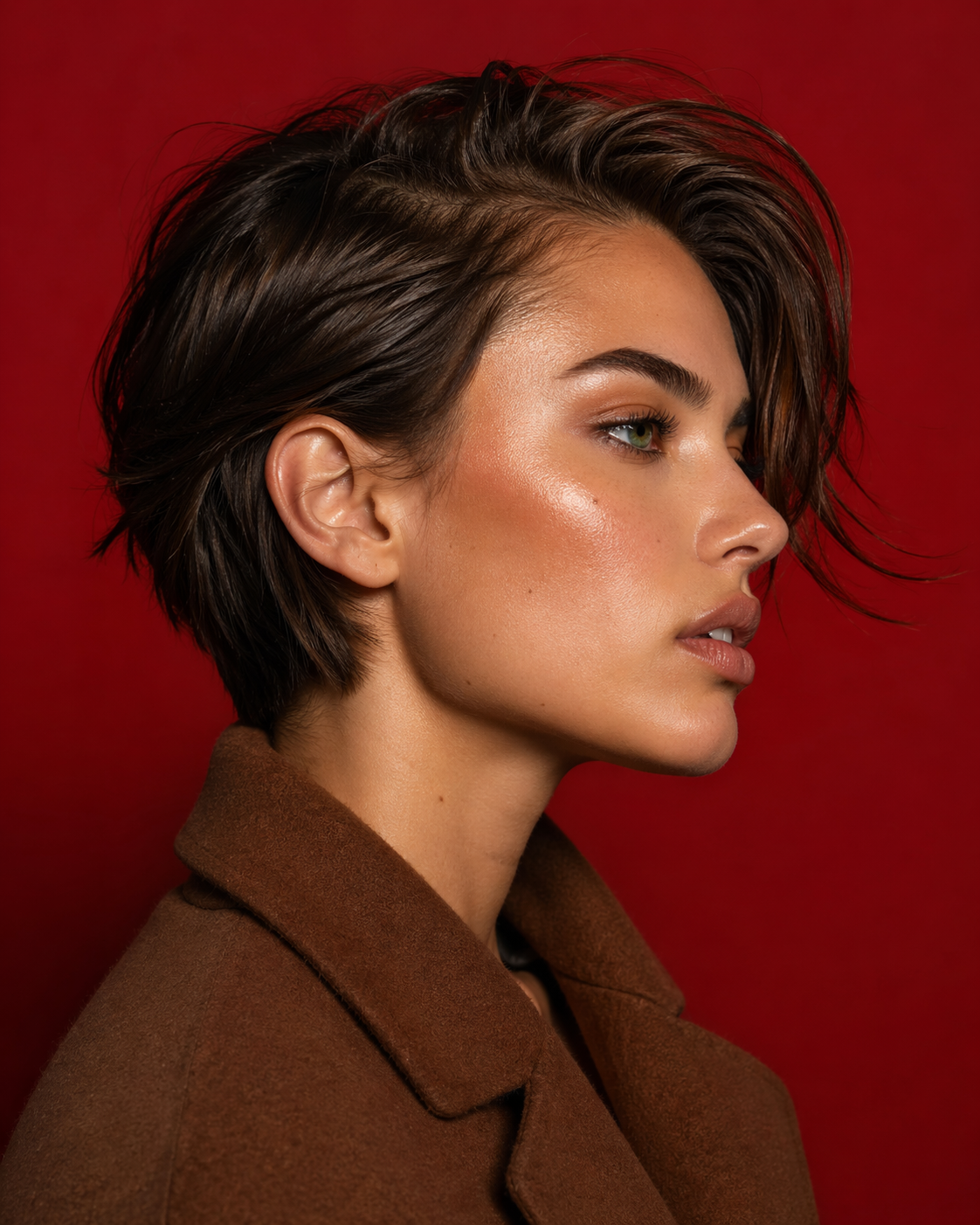 Retrato de uma mulher com cabelo curto, escuro e ondulado, pele clara, usando maquiagem natural e uma jaqueta marrom, contra fundo vermelho.
