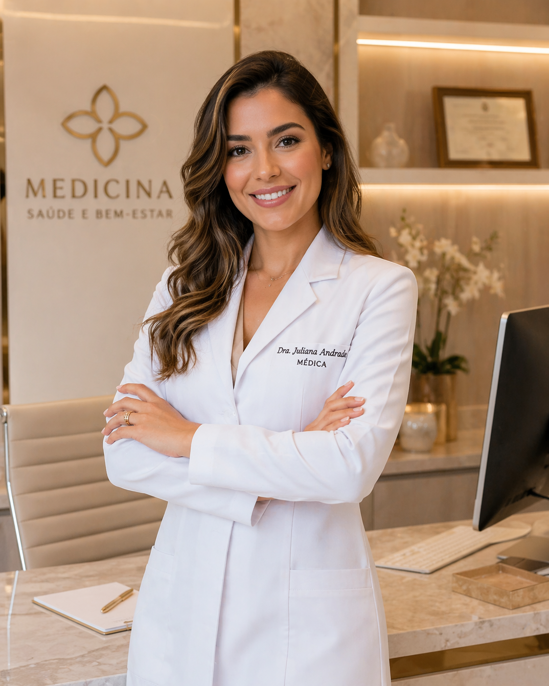 Uma médica sorridente com cabelo ondulado, usando jaleco branco, no ambiente de uma clínica com decoração elegante e flores.