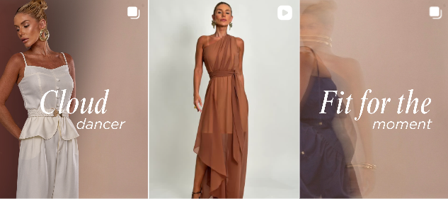 Imagem com três mulheres usando vestidos elegantes, com textos sobre dança e fitness.