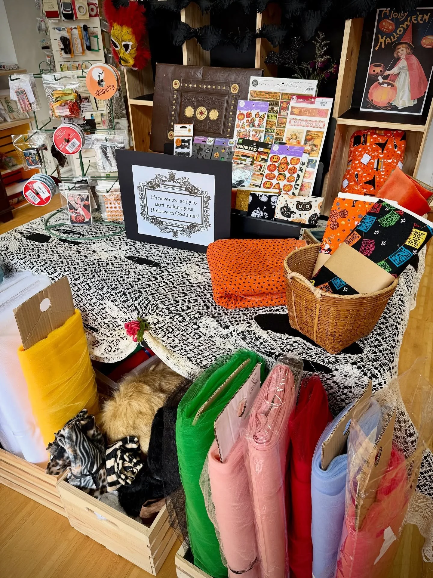 Halloween stuff is out on the floor right now! I sewed enough little girl Halloween costumes to know that, for parents, it’s a costume supply must. And I’ve got it. And, despite my better judgment will be cutting yardage. $1/yd. 
Got any