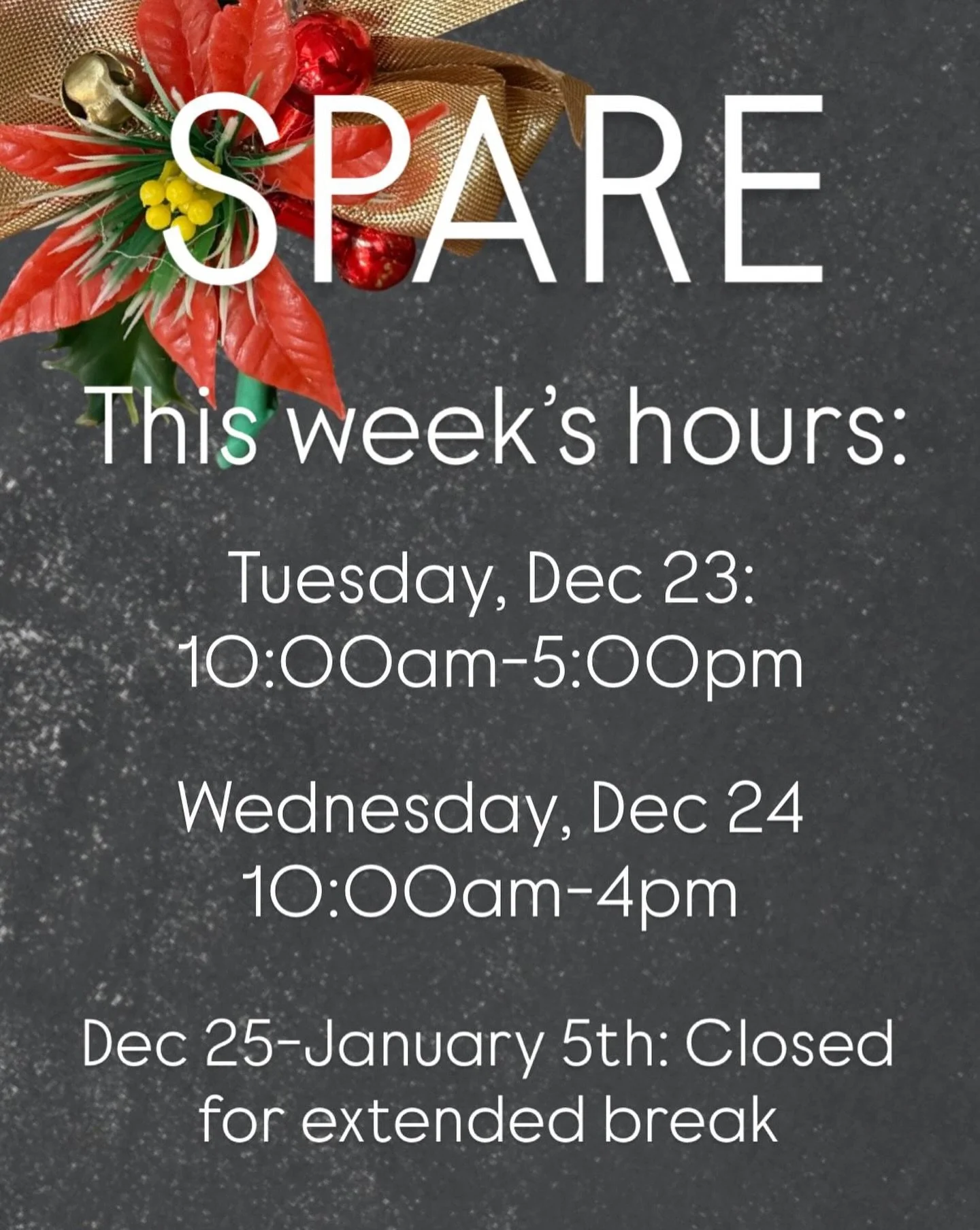 We will be taking an extended break as of Christmas. The store will be closed for shopping until Tuesday, January 6th. However, we will be taking donations from 11:00-4:00 on the 2nd, 3rd, 4th and 5th. No appointment is necessary but feel free to cal