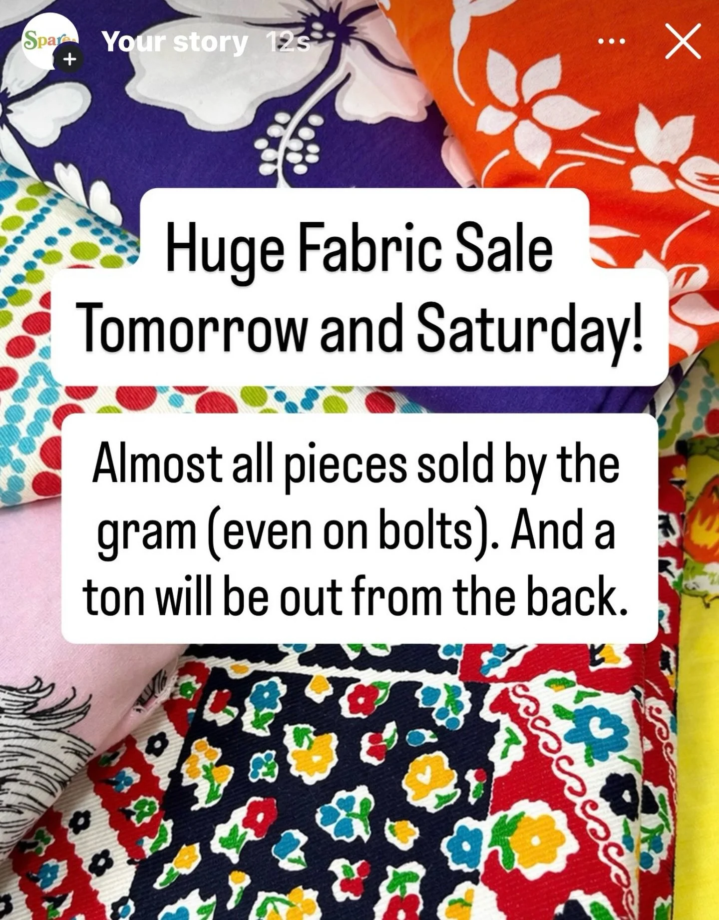 Stop by SPARE for a huge fabric sale tomorrow! Tons of new fabric plus existing bolts will be sold by the gram with guaranteed savings on each piece!  Stop by tomorrow at 10:00!

#sananselmo #fabricstore #creativereusestore