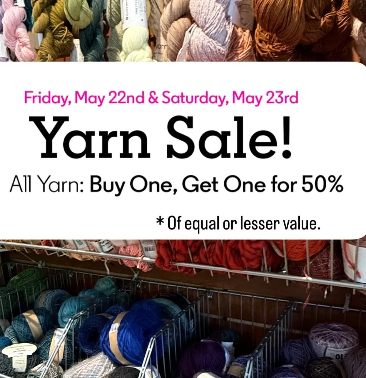 This Friday and Saturday &ndash; &ndash; all yarn (even new stock) is on sale with a &ldquo;buy one, get one 50% off&rdquo; sale. Crochet and Knitting books and patterns will also be 50% off. 🧶 📕 ❤️ 

#creativereuse #yarn #sananselmo #marincounty #