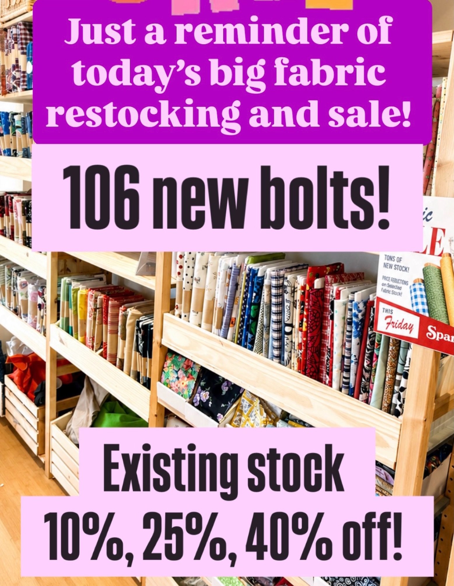 Today&rsquo;s the day. 106 new bolts and 10%, 25% and 40% off existing fabric stock. 

#marincounty, #fanricsale #sparecrafts #creativereuse