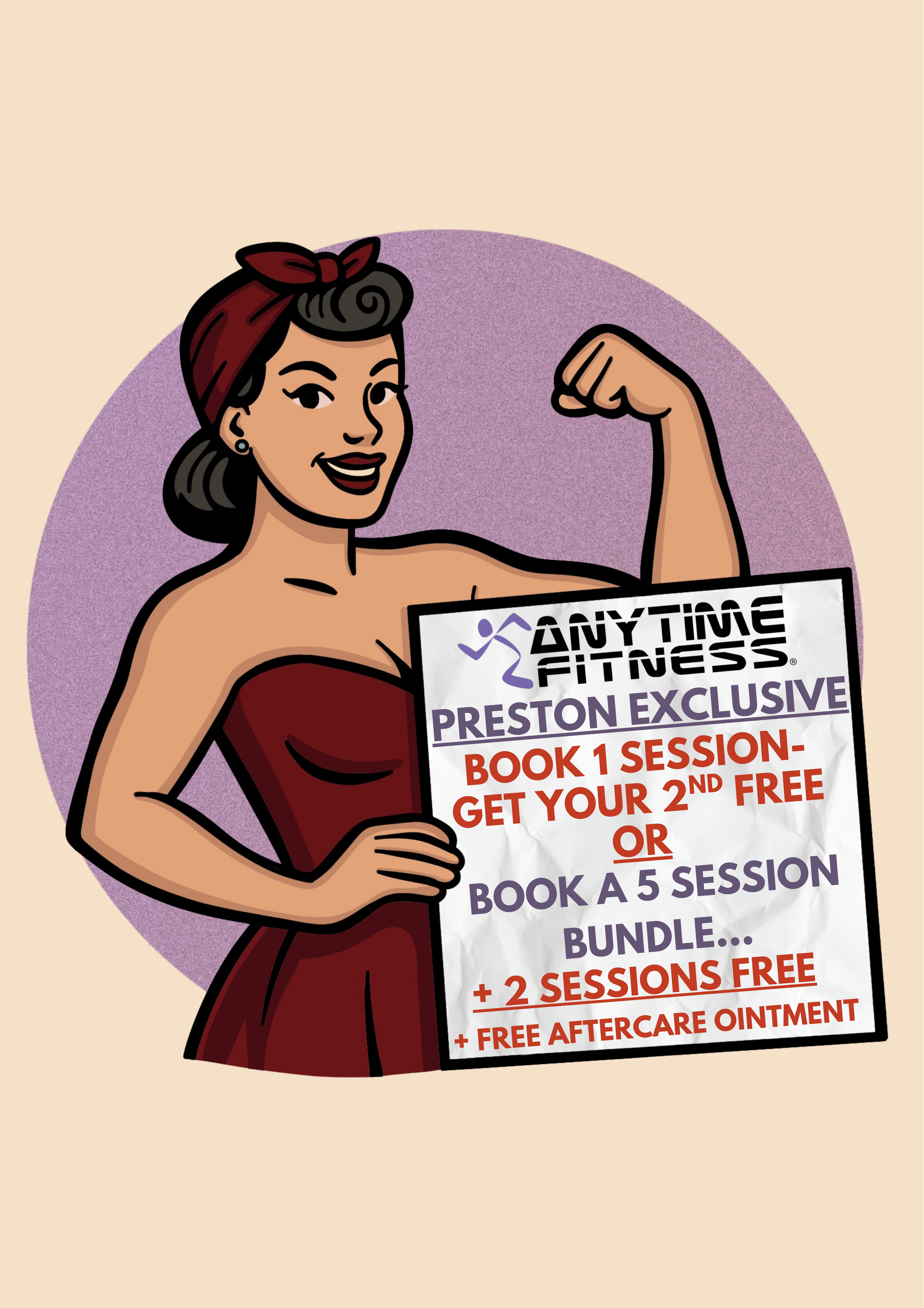 A cartoon woman wearing a red headscarf and dress, smiling and flexing her bicep while holding a promotional flyer for Anytime Fitness.