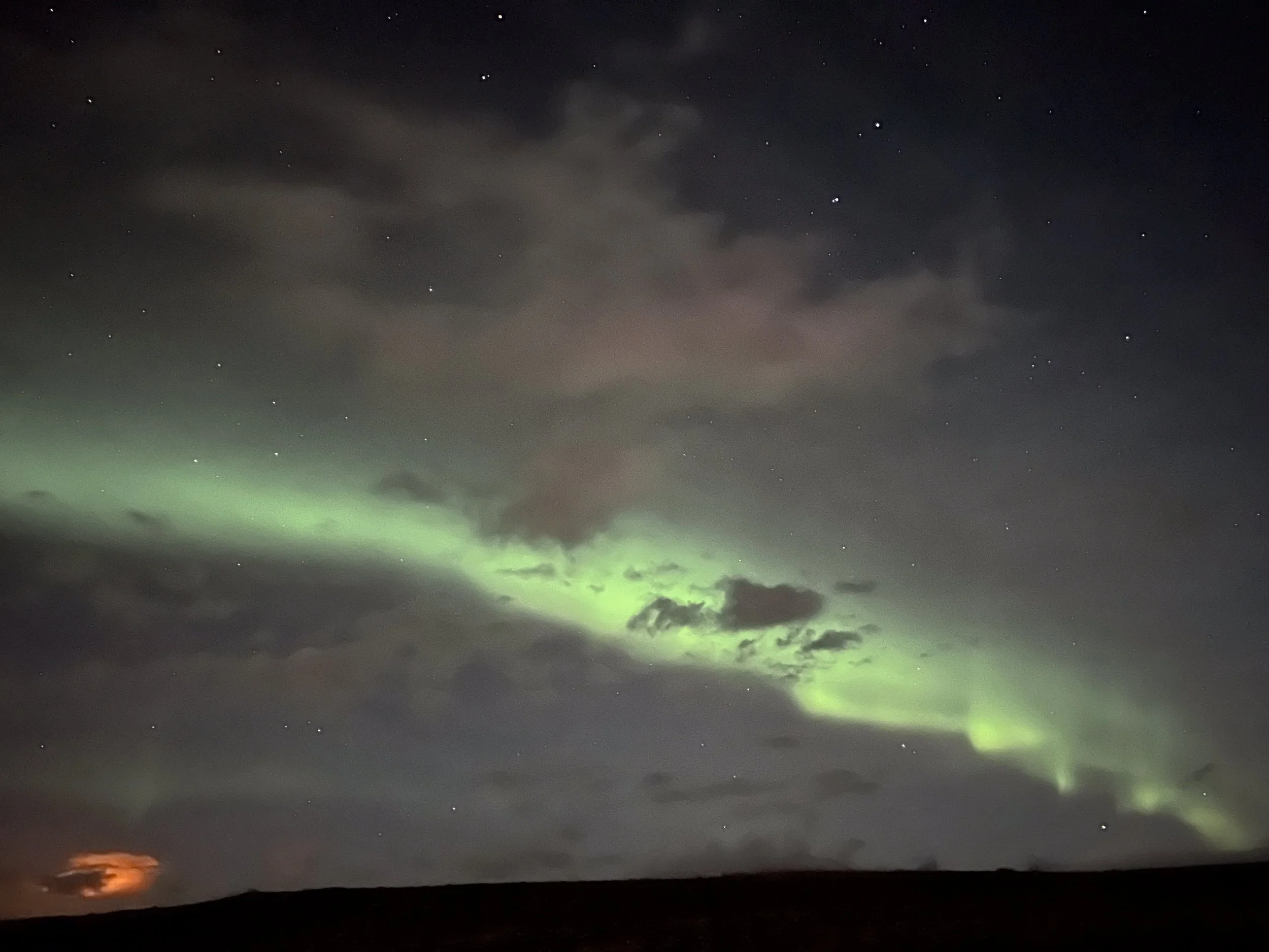 First northern lights sighting. The orange glow in the lower left is light pollution from a nearby greenhouse.