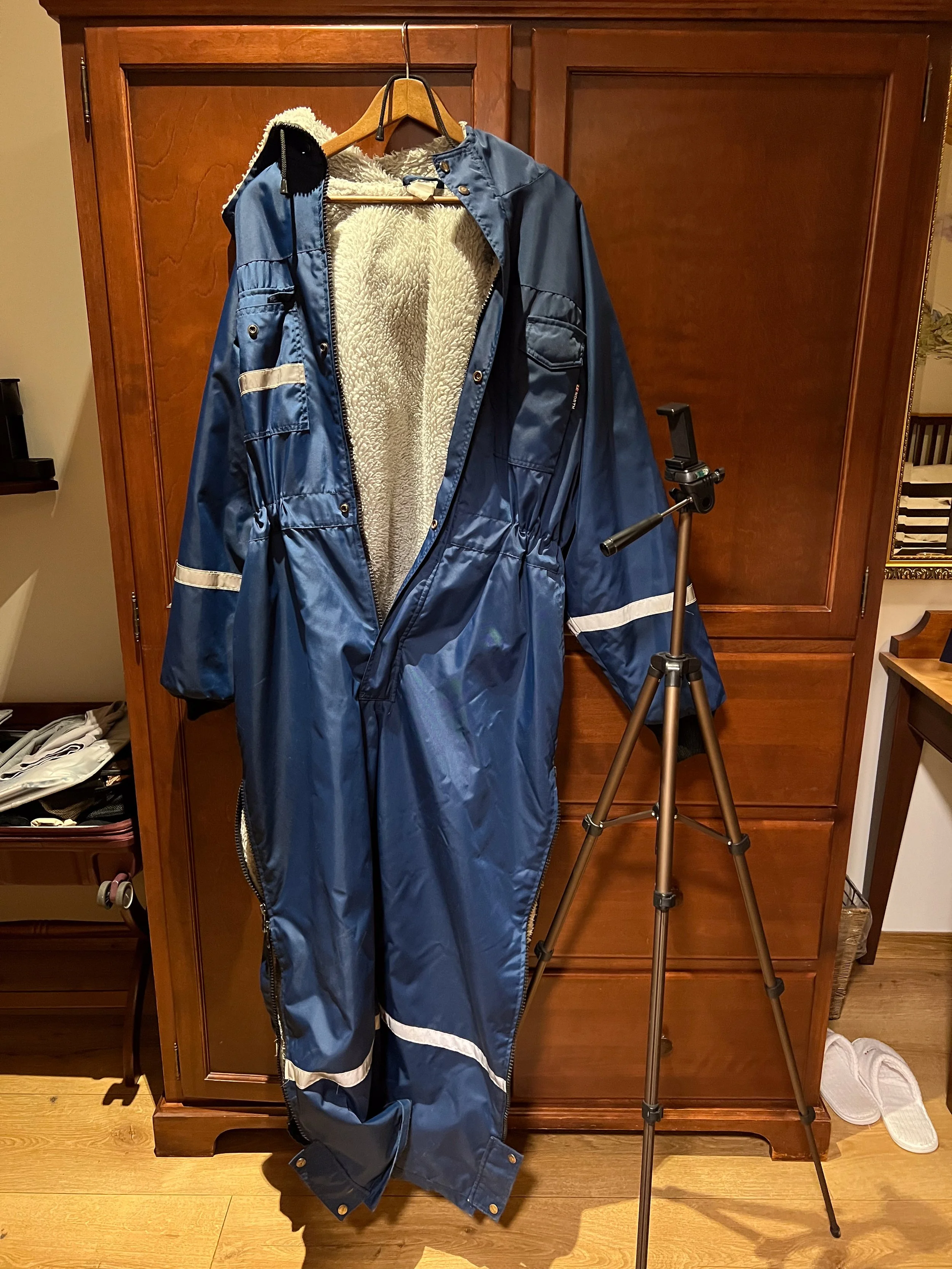 The cozy snowsuit provided by the hotel for stargazing and northern lights viewing. The tripod is mine, and I'm glad I packed it.
