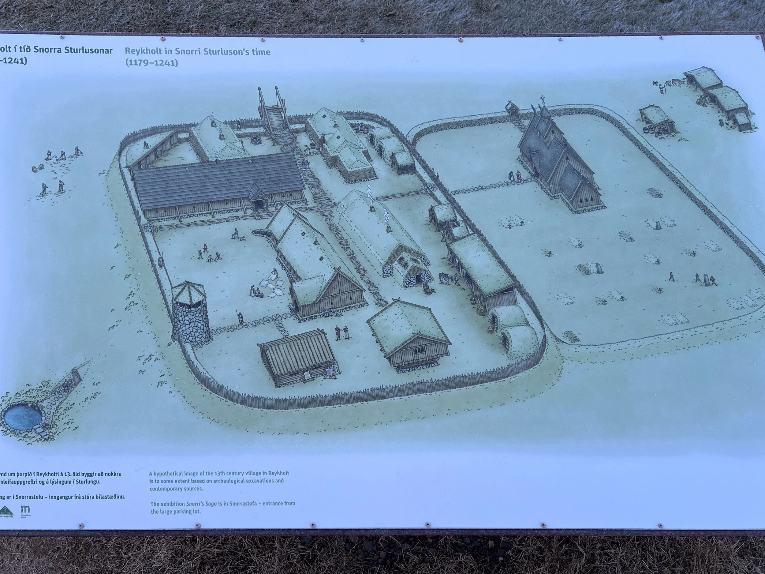What the 13th century village in Reykholt might have looked like. Snorri's Pool, which still exists, is in the lower left.