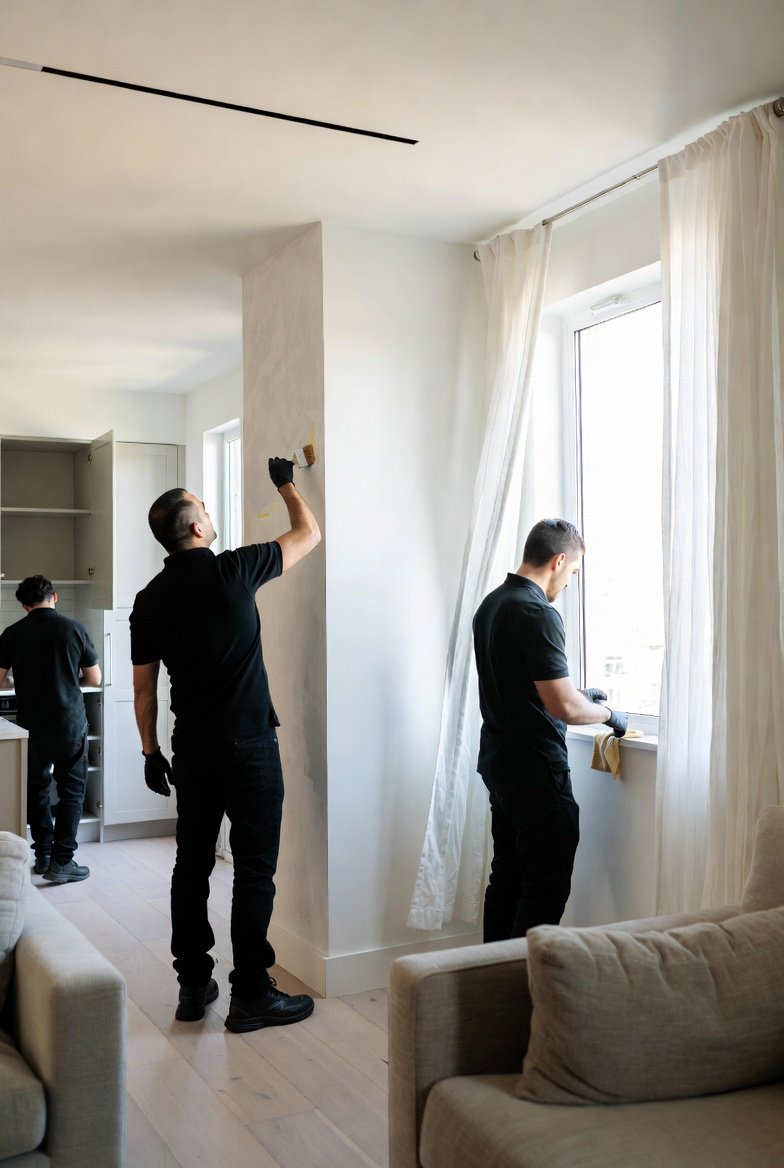 Three men in black shirts and gloves painting the interior of a home, with one using a roller on the wall and another cleaning or wiping a window.