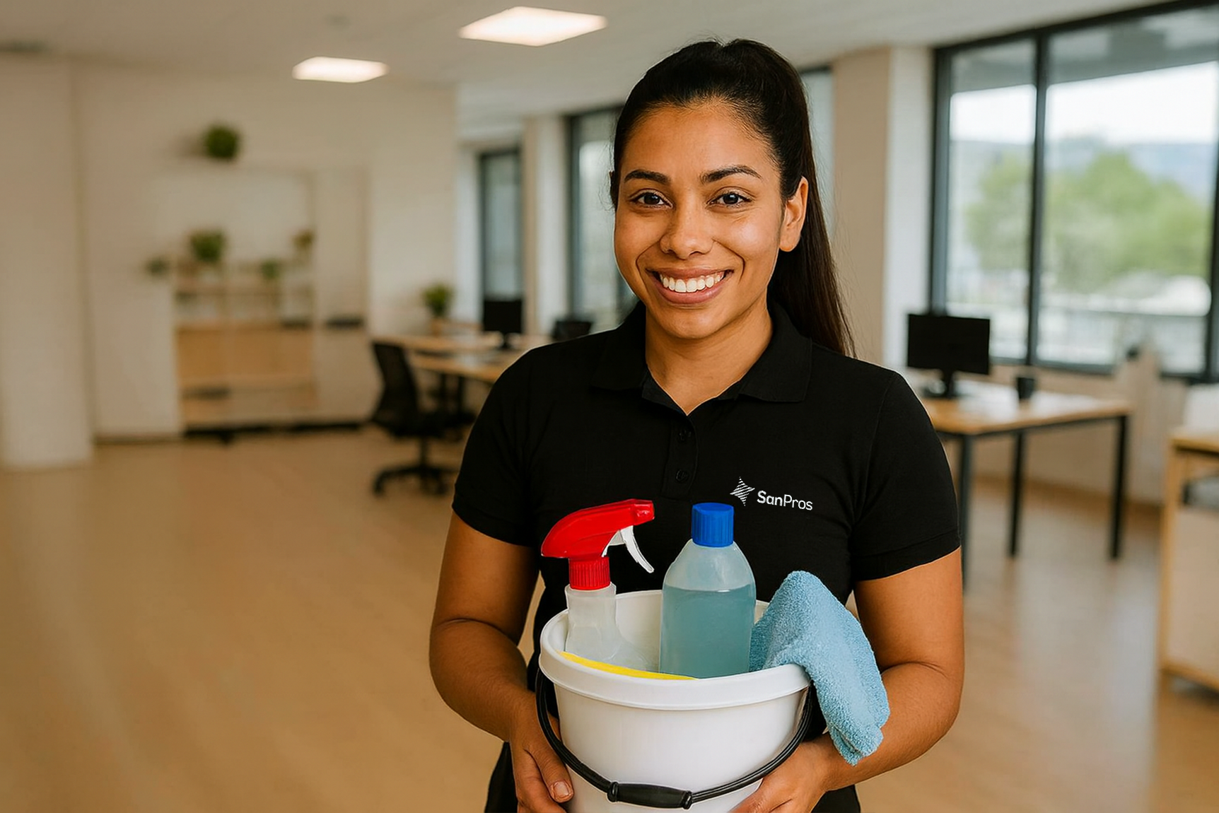 A woman smiling and holding a cleaning bucket with spray bottles, a blue cloth, and cleaning supplies inside. She is wearing a black polo shirt with a SanPros logo, standing in a bright office space with large windows and desks in the background.