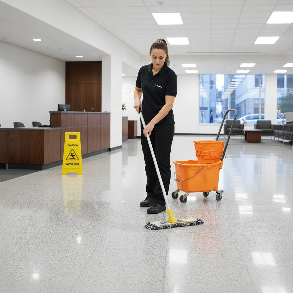A woman in a black uniform mops the floor of a spacious, modern lobby with large windows. There is a yellow caution sign and an orange cleaning cart nearby.