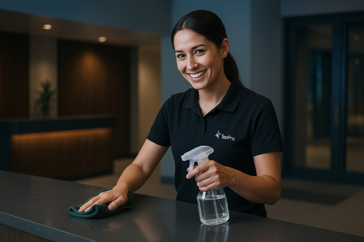sanpros female employee cleaning an office countertop at night