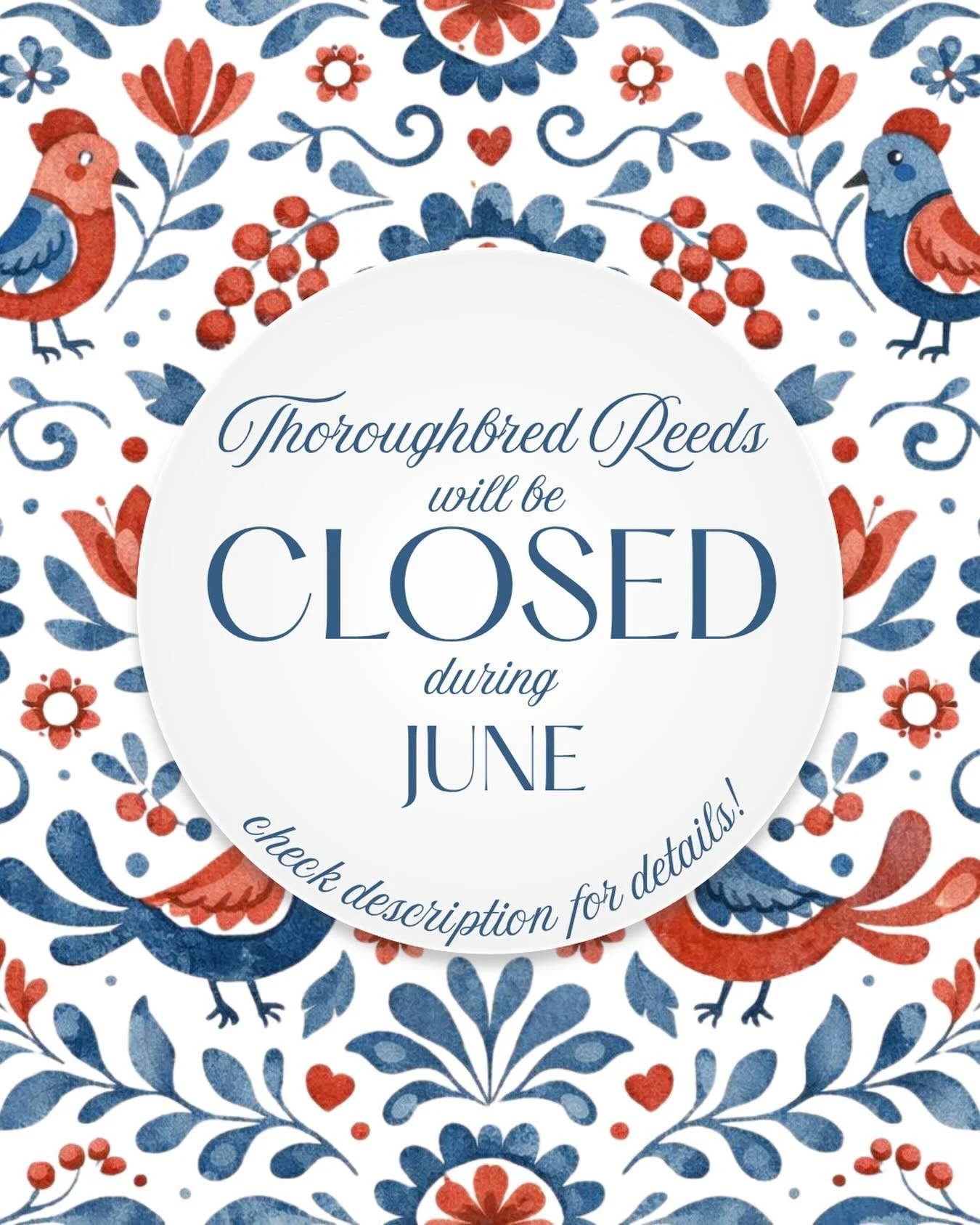 (Last bit of reed spam for now I PROMISE)

Just a heads up to get any last minute reed orders in before I set my Etsy to vacation mode for June! All current orders will be sent out before I leave town, and I&rsquo;ll open back up for orders during th