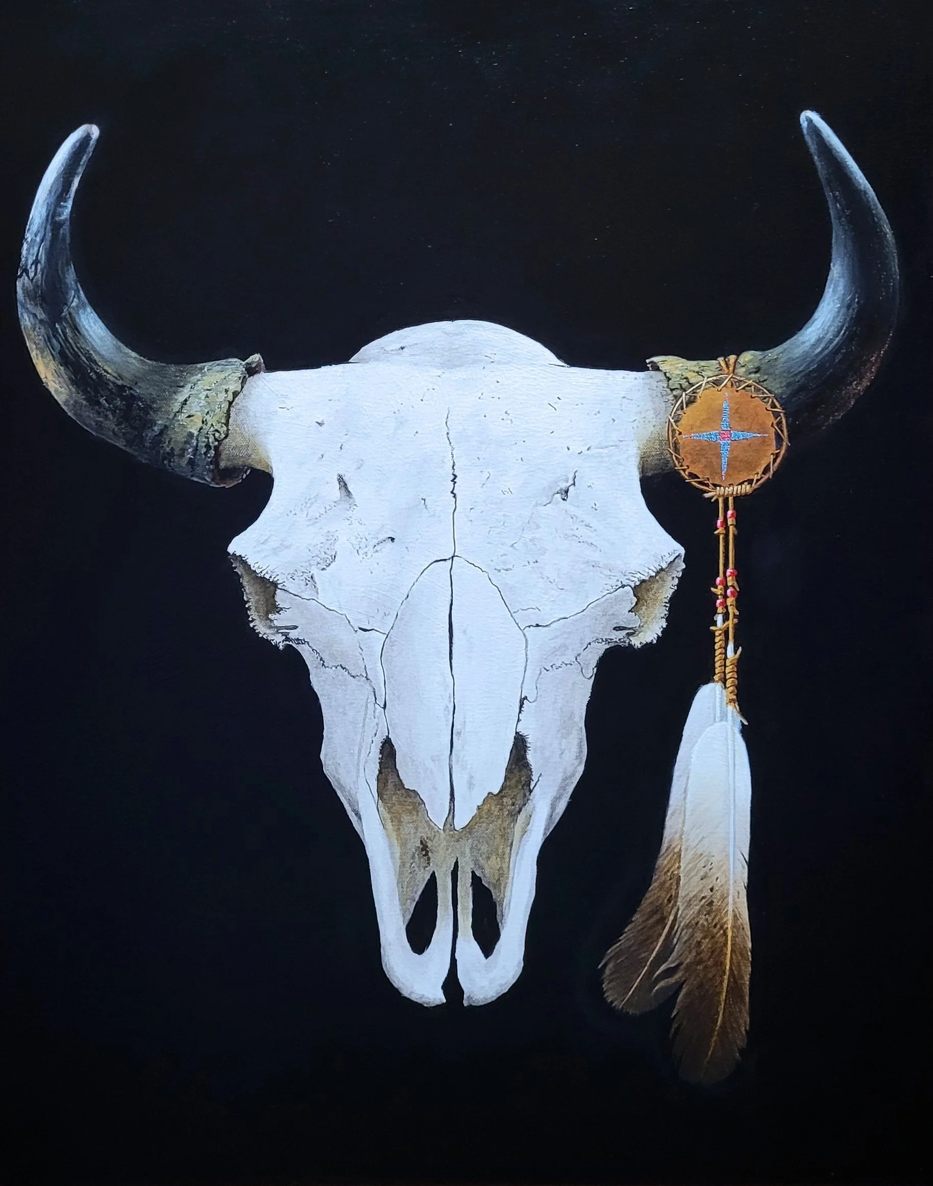 Painting of a bull skull with an orange talisman on the right hone