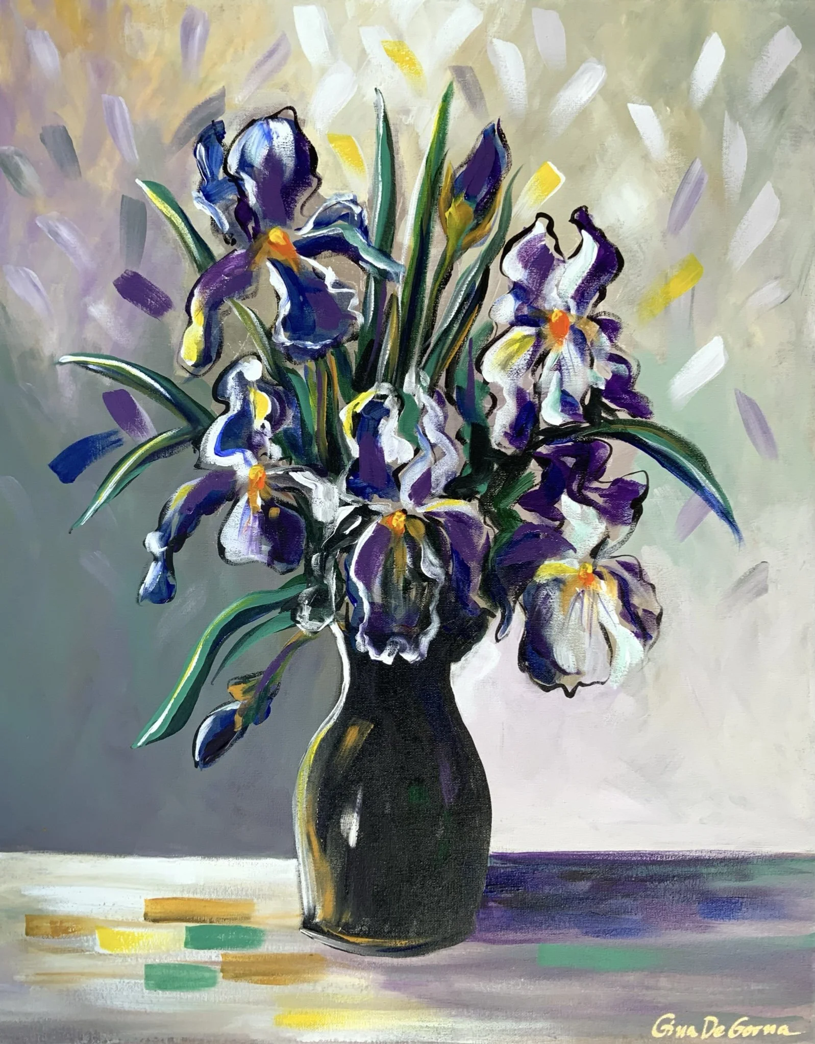 Painting of a vase of Irises