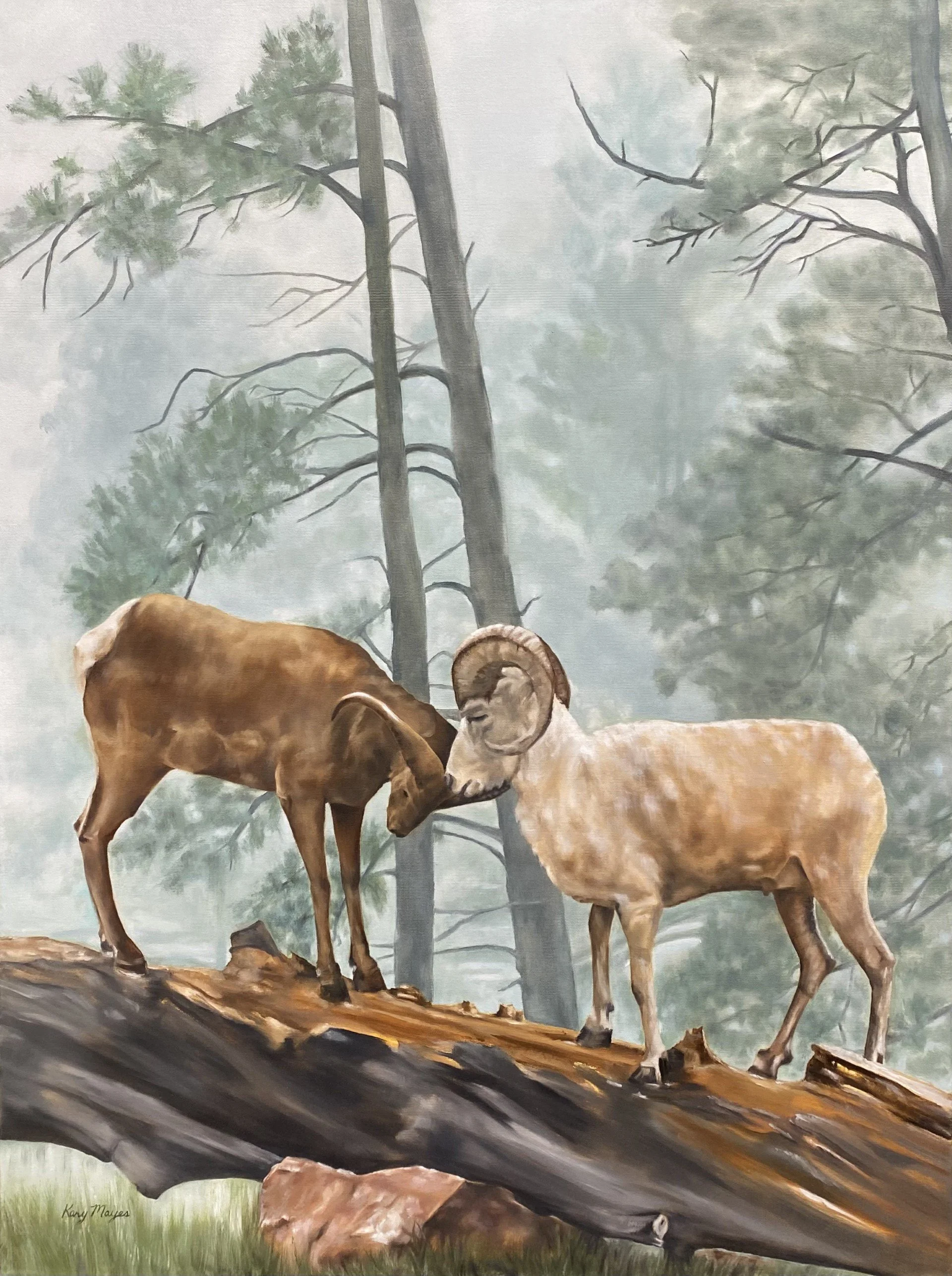 Painting of two Rams fighting in the forest