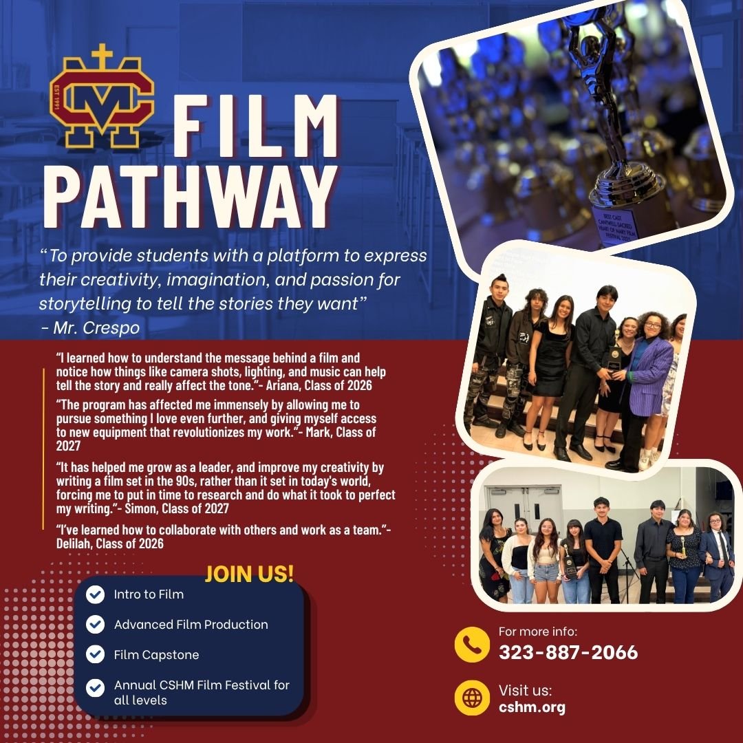 🎬 Your story starts here.

The Film Pathway at Cantwell-Sacred Heart of Mary High School gives students the opportunity to explore the world of filmmaking through hands-on experience in storytelling, directing, production, and editing.

From Intro t
