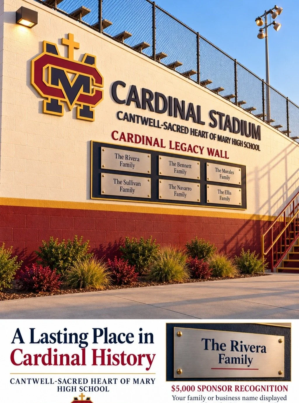 Leave your mark on Cardinal history.

Help build the future of athletics at Cantwell-Sacred Heart of Mary High School by becoming part of our Cardinal Legacy Wall.

With a $5,000 pledge, your family or business name will be displayed on our athletic 