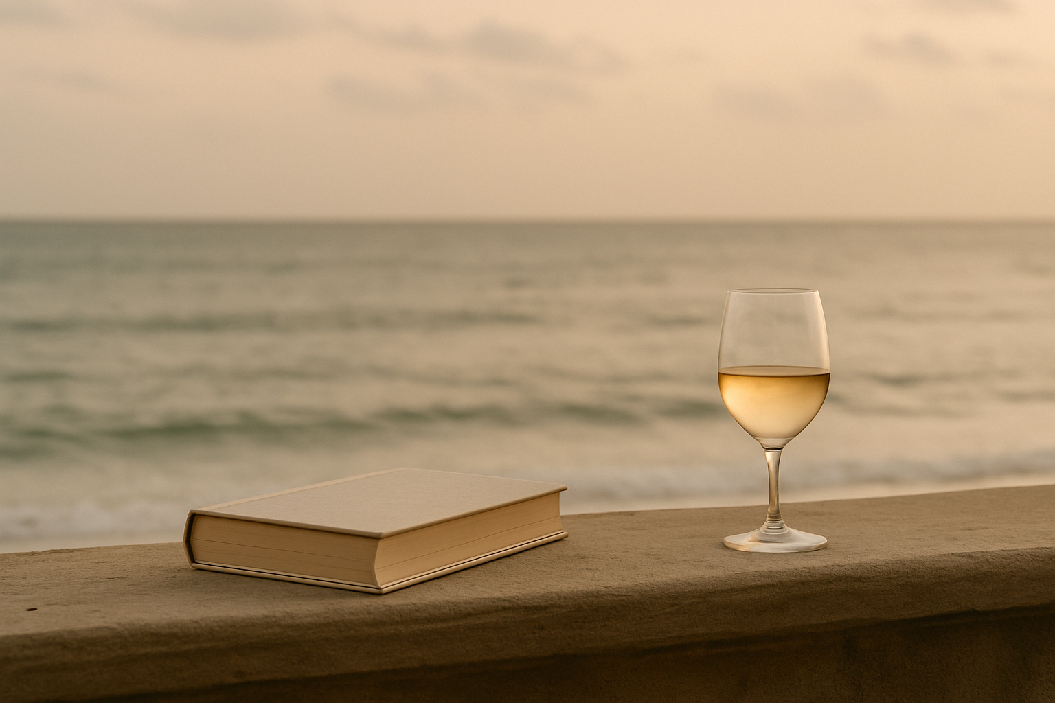 A closed white book and a glass of white wine on a wooden railing near the ocean during sunset.