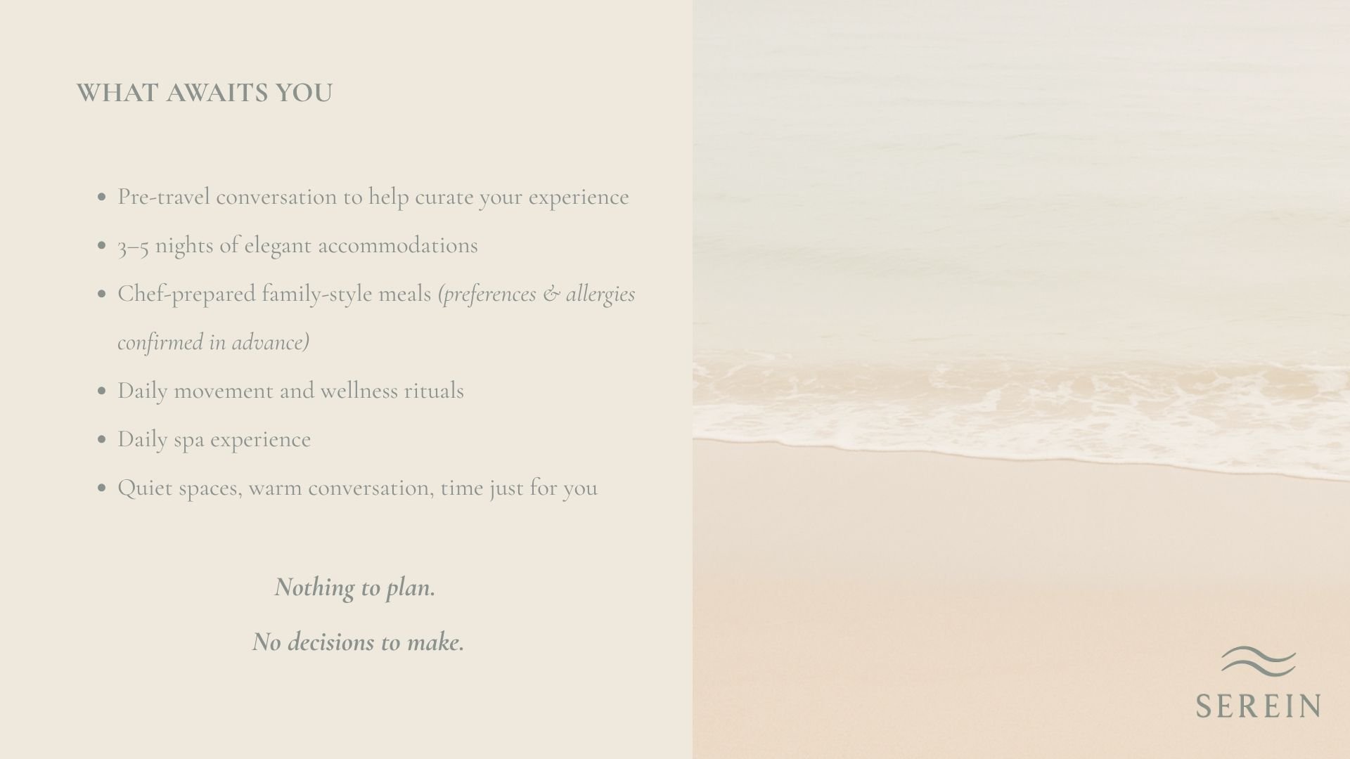 A beach scene with sand and water on the right side, and a list of vacation or wellness retreat features on the left side. The list includes pre-travel conversations, accommodations, meals, wellness rituals, spa experience, and quiet spaces. The logo