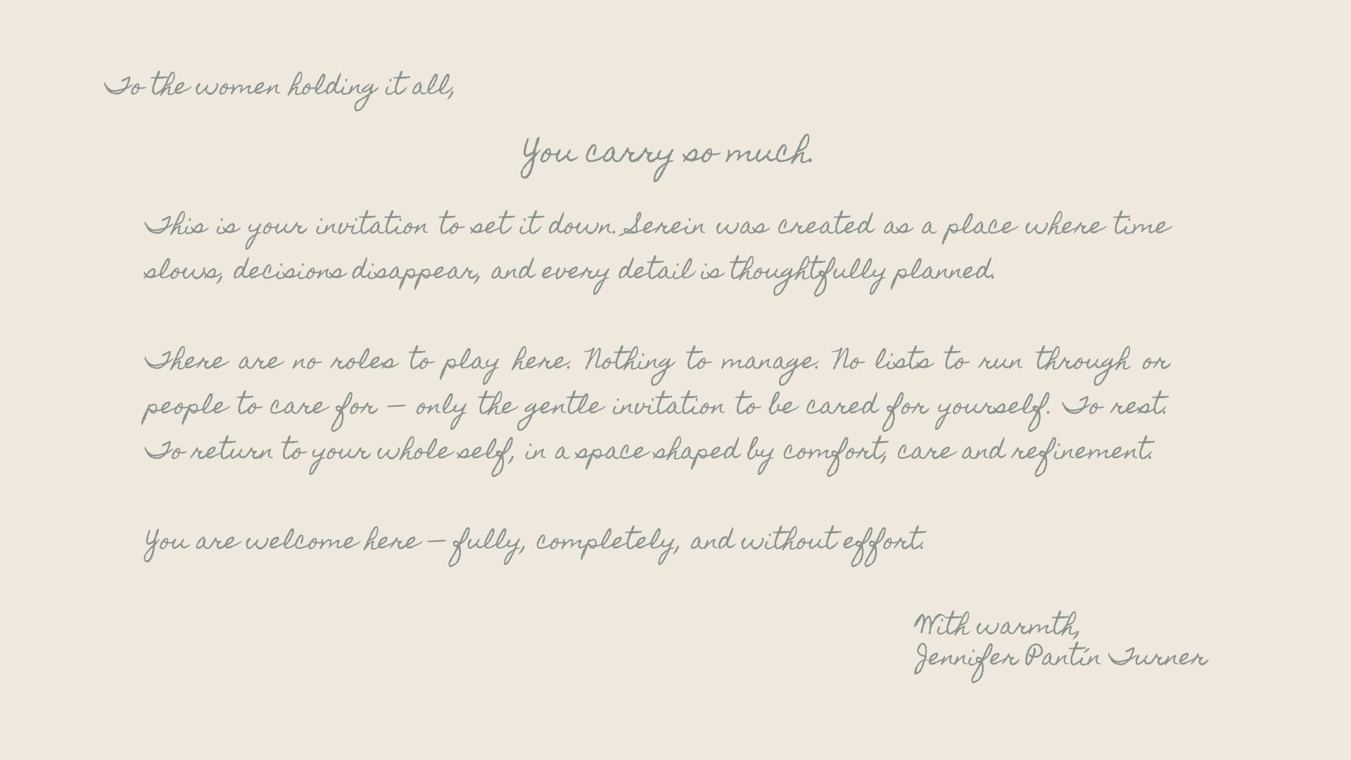 A handwritten-style letter on a light beige background with poetic text about relaxation and self-care, signed by Jennifer Partin Turner.