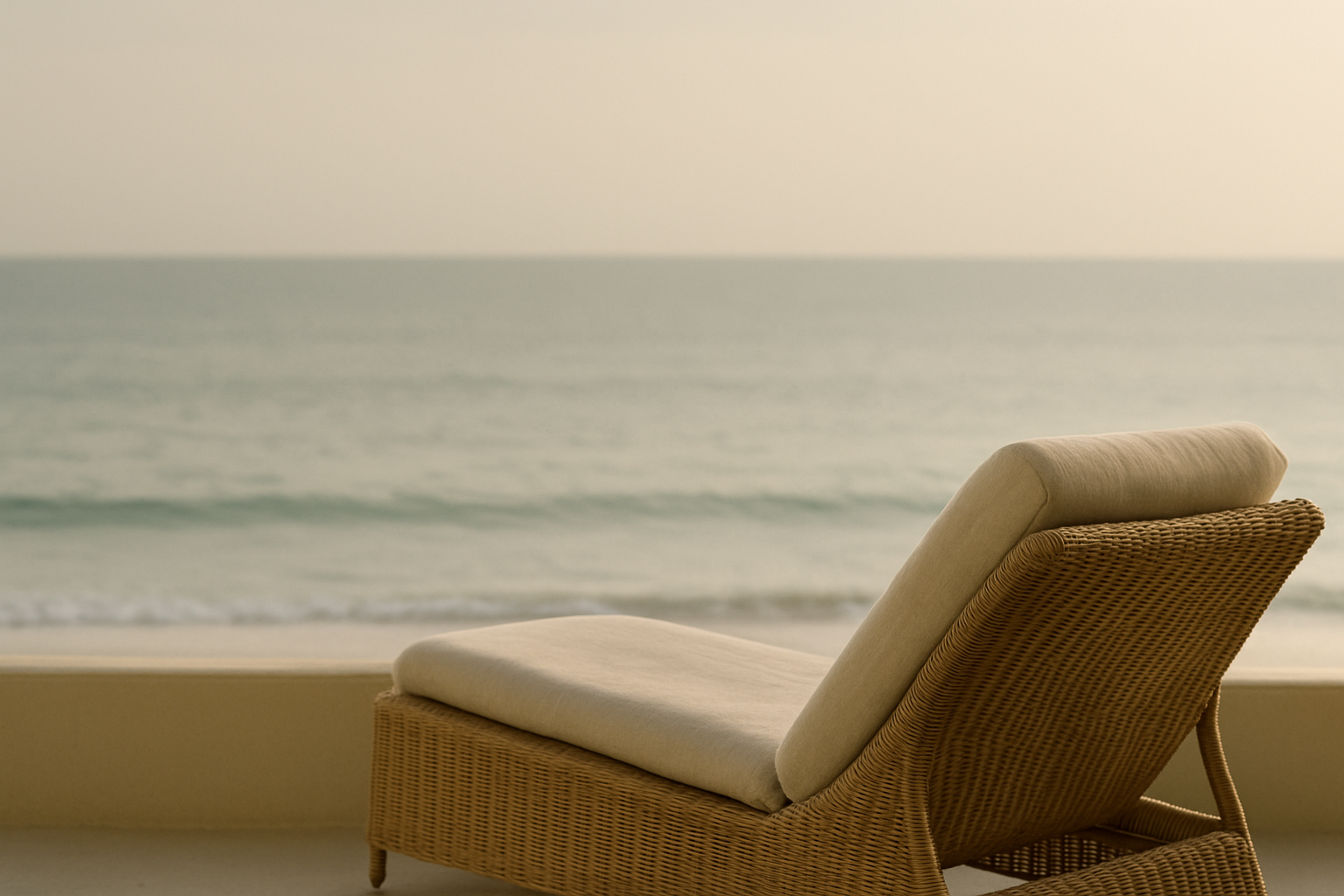 Wicker lounge chair with beige cushion facing the ocean on a beach at sunset.