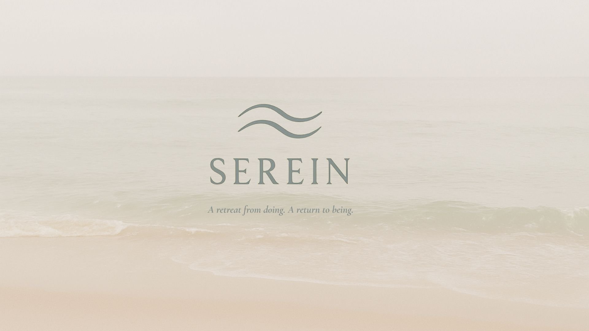 Serene logo with wavy lines above the text, set over a calm beach scene with gentle waves and light beach colors.