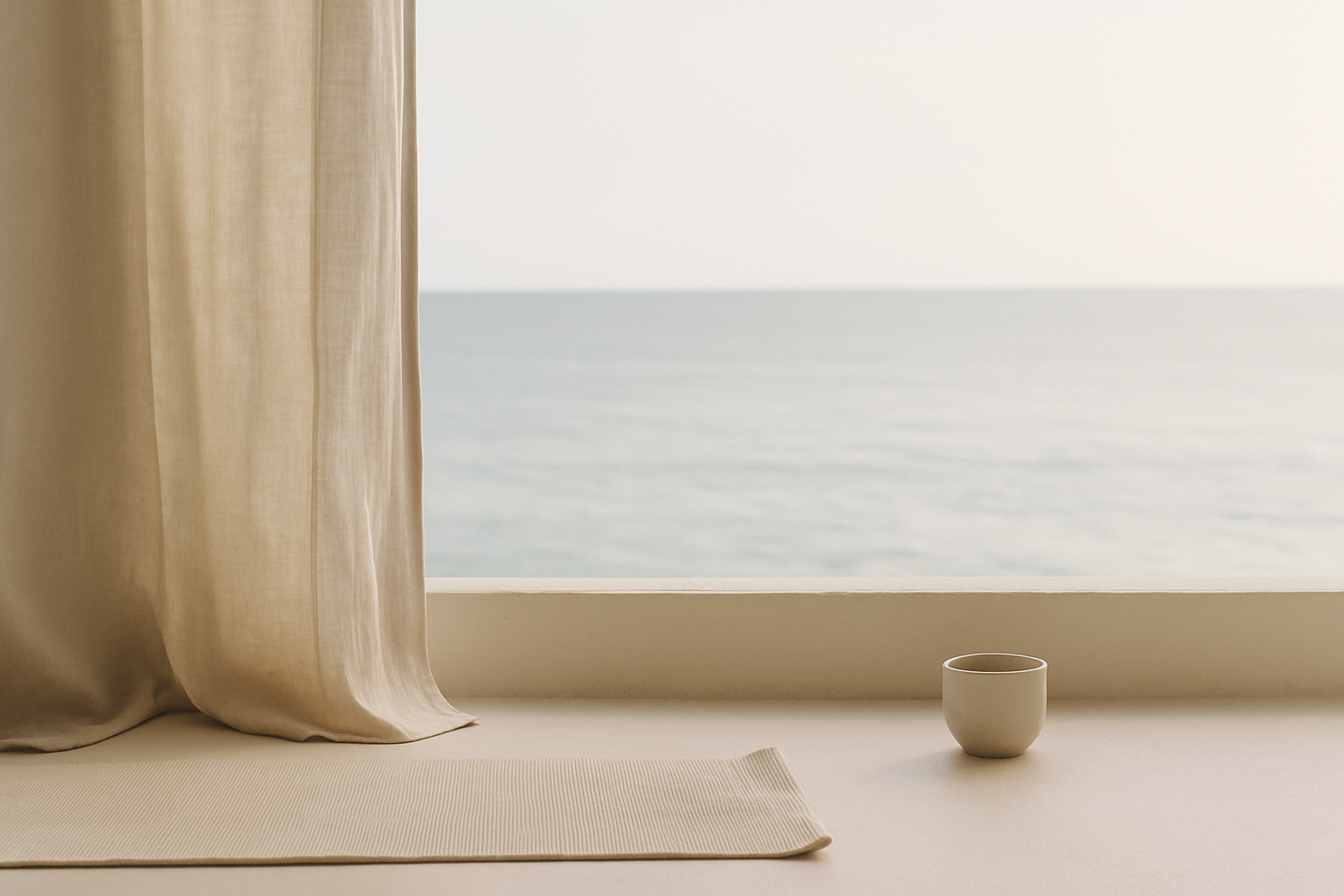A serene view from a room overlooking the ocean, with a beige curtain on the left, a white cup on the right, and a beige yoga mat at the bottom.
