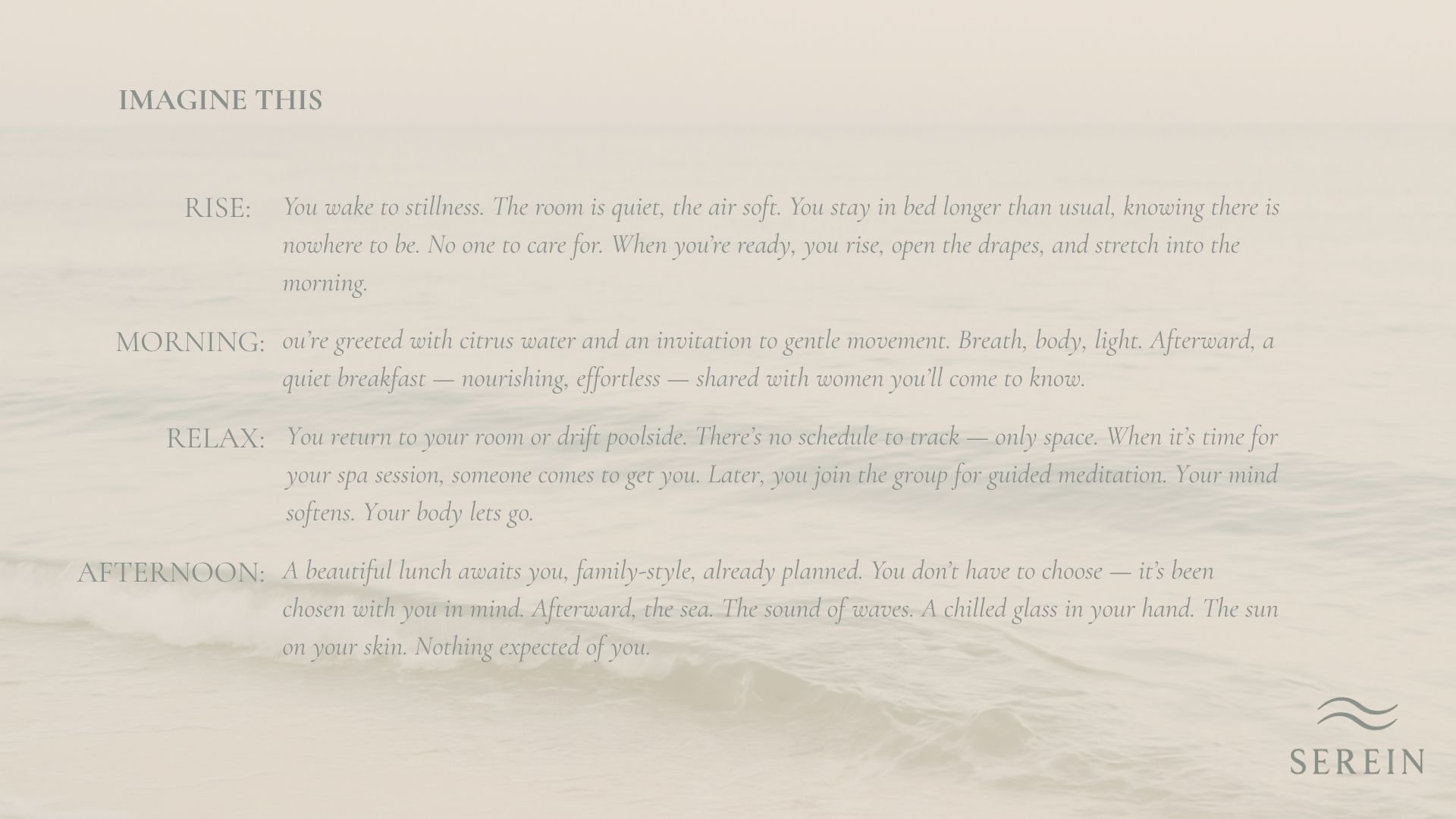 A serene background of the ocean with calming waves and soft text overlay about a daily routine, ending with the name Serein and a wave logo.