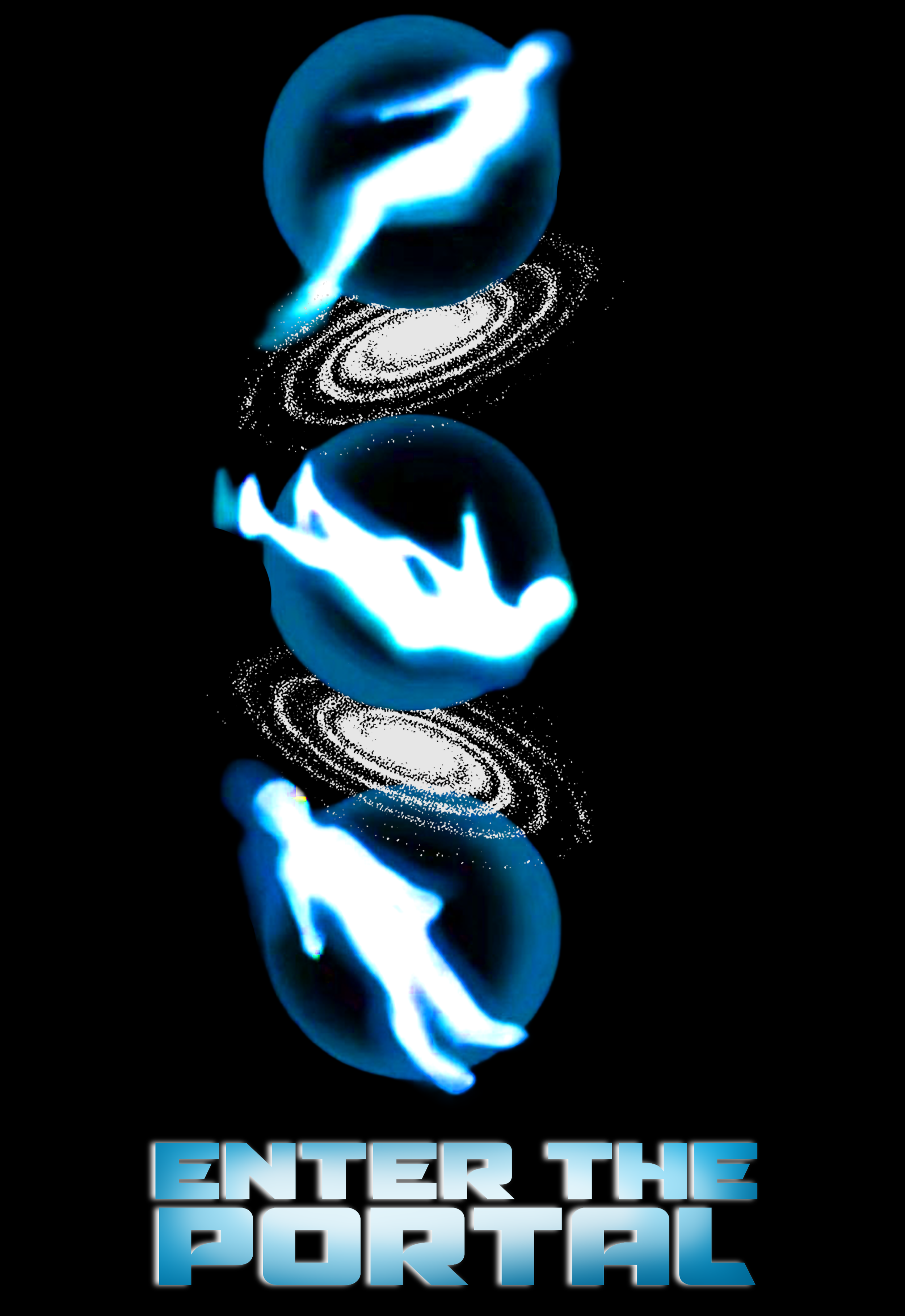 A digital sci-fi style poster featuring three glowing blue human figure silhouettes surrounded by swirling white stars, with the text 'Enter the Portal' at the bottom in bold blue letters.