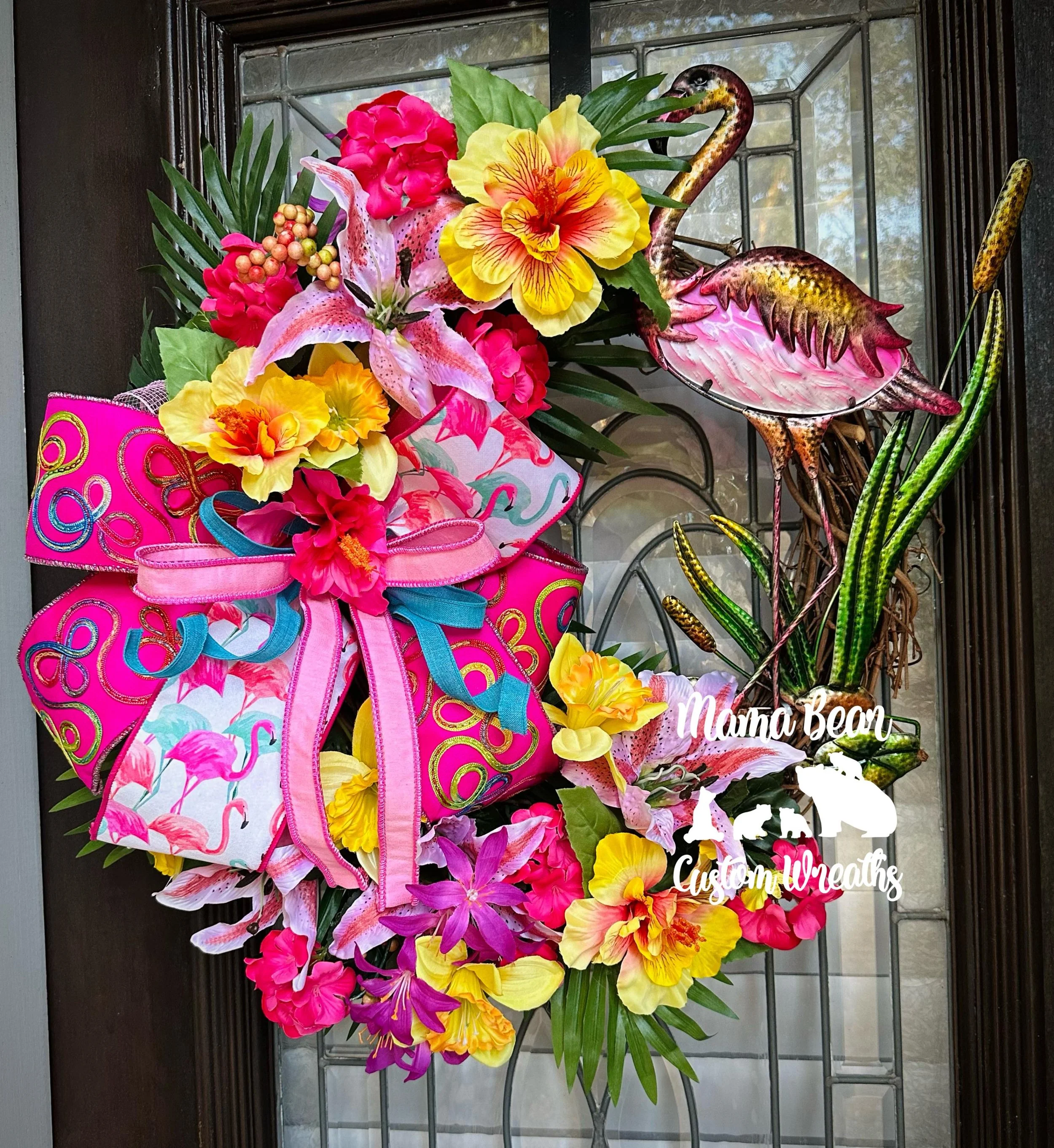 Gold Flamingo Summer Wreath: Tropical Floral Grapevine Door Decor