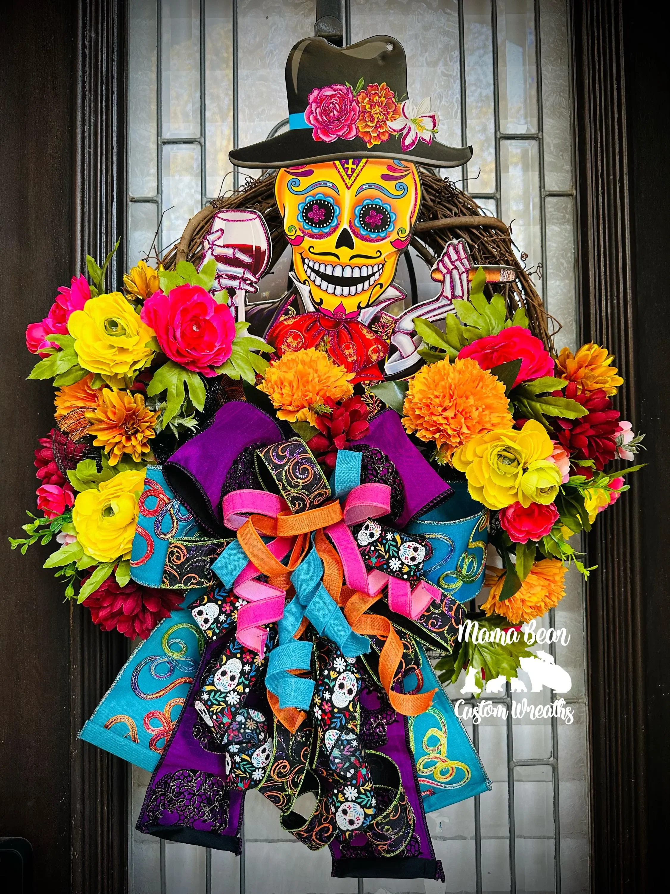Handmade Dia De Los Muertos Wreath, Sugar Skull Decor