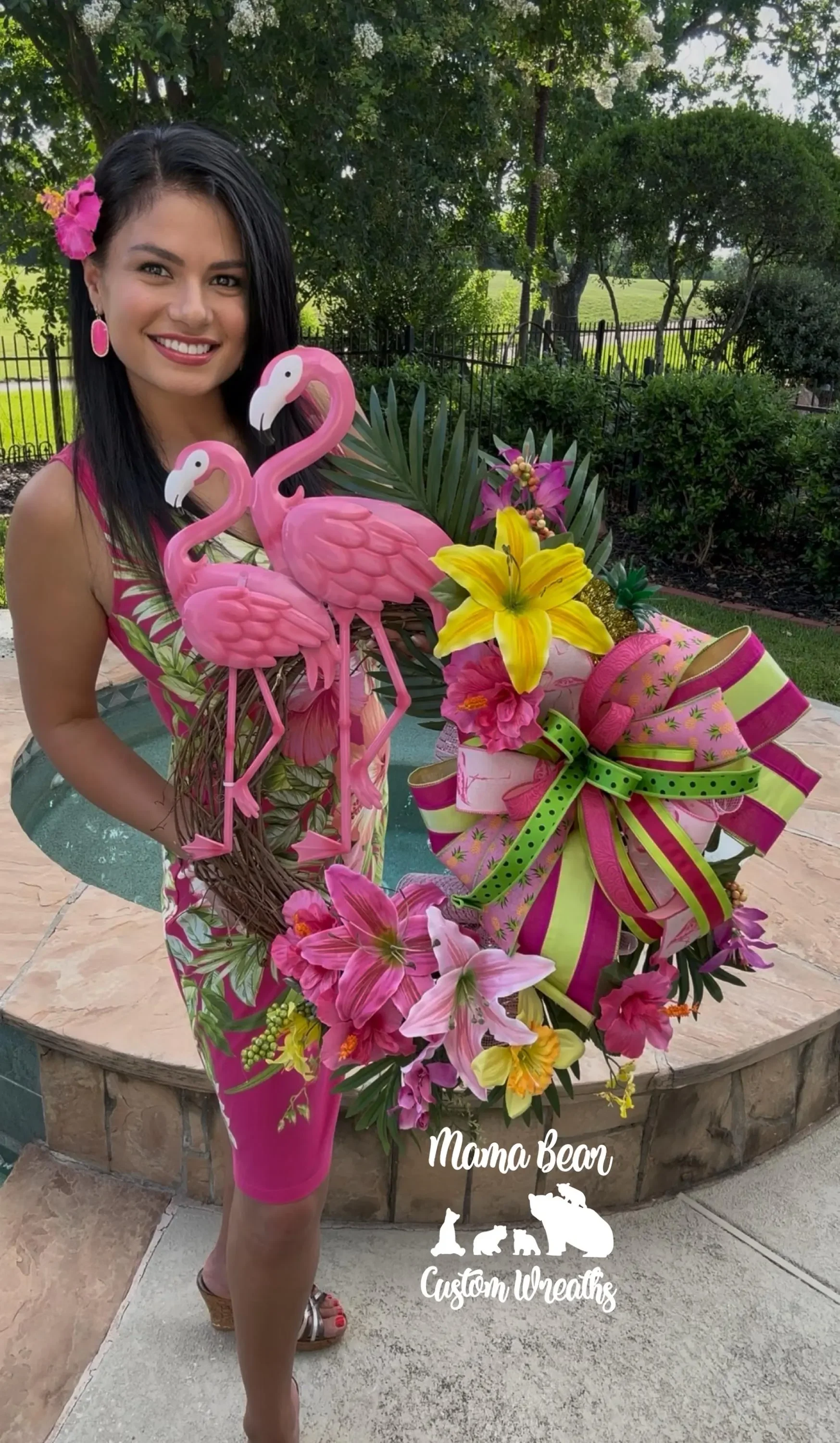 Pink Flamingo Summer Wreath: Tropical Floral Door Decor