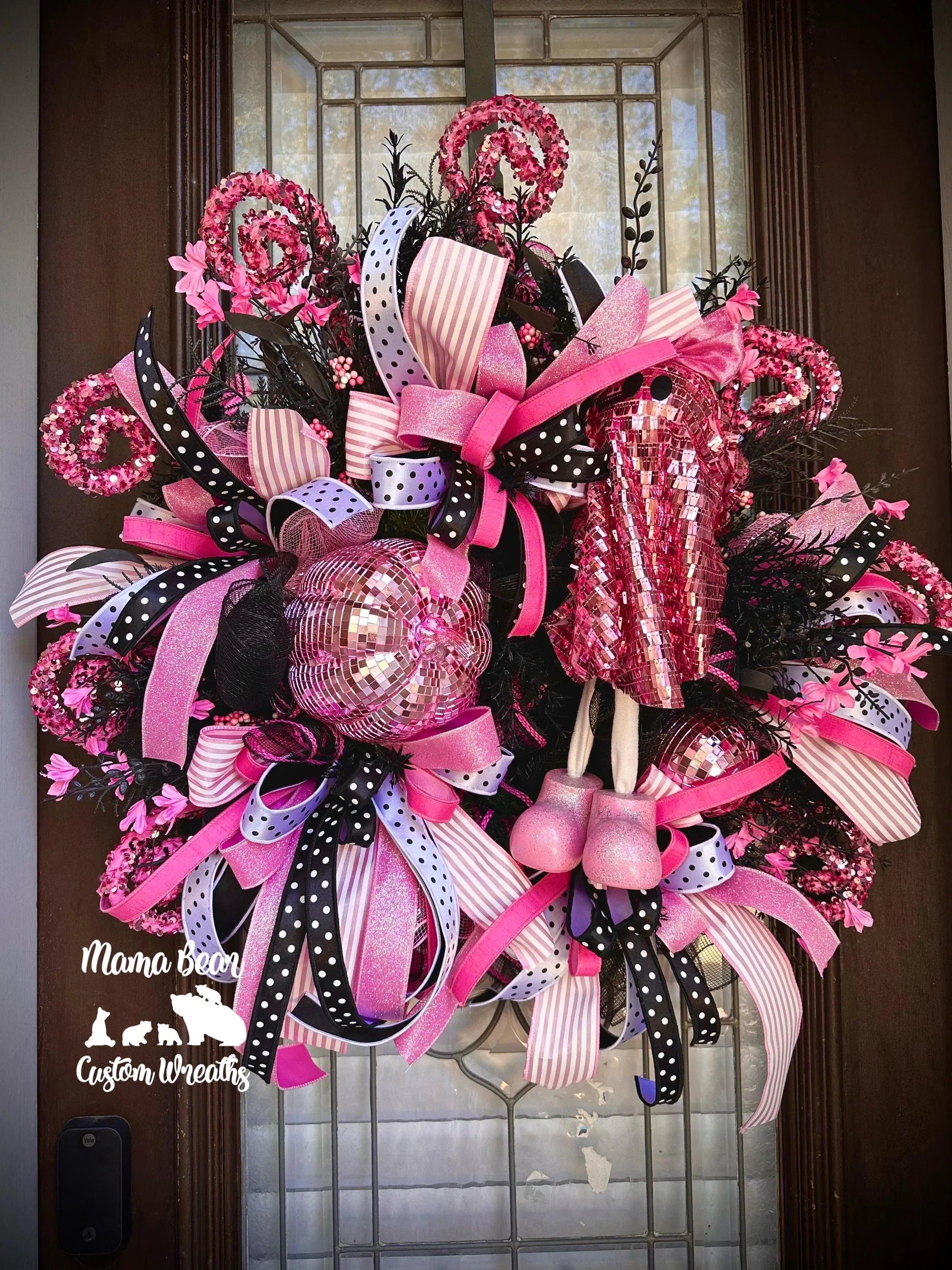 Glam Pink Ghost Halloween Wreath, Sparkly Disco Ball Decor