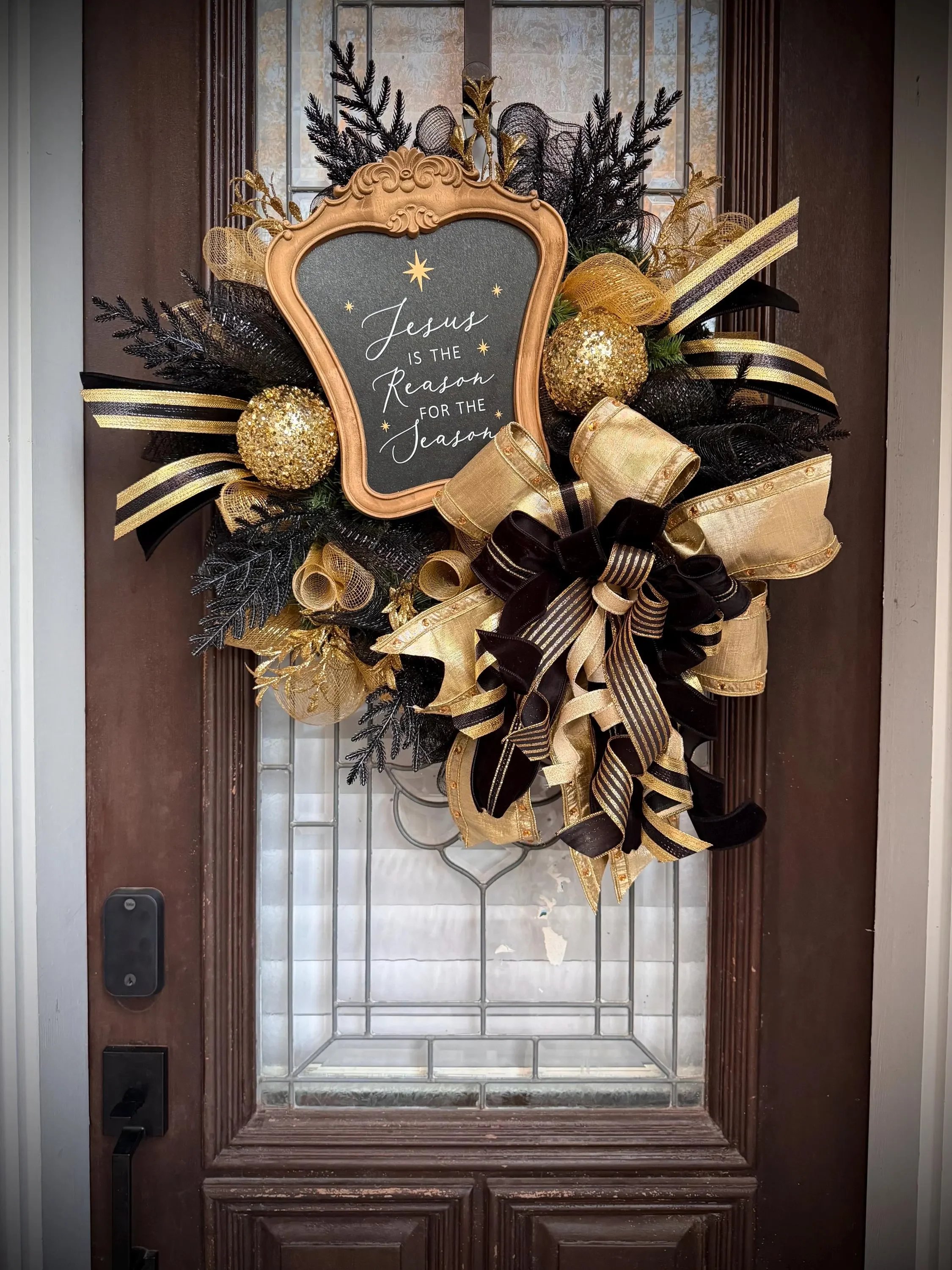 Gold and Black Christmas Wreath | Jesus is the Reason | Holiday Door Decor