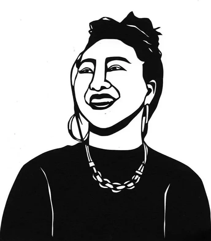 Black and white drawing of a woman smiling, wearing earrings, a necklace, and a dark top, with her hair styled up.