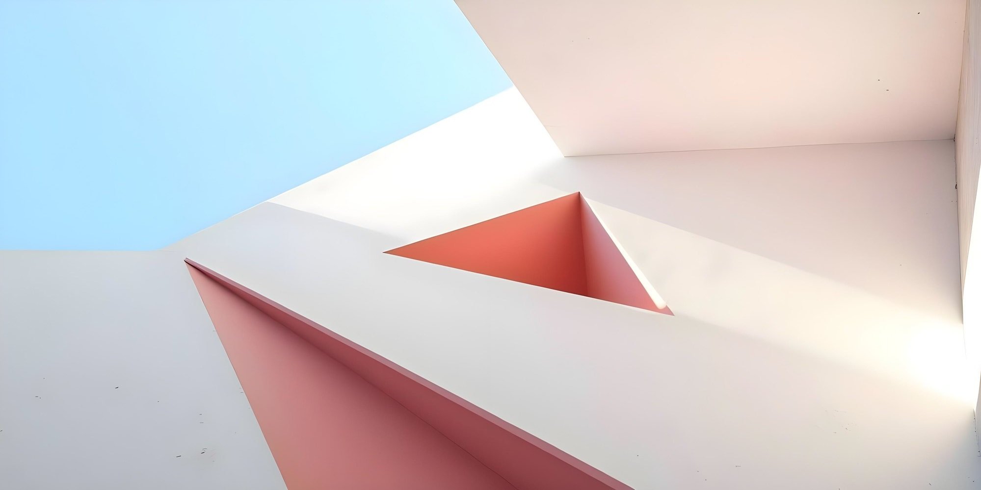 Abstract architectural ceiling with geometric shapes and pastel colors, including pink, white, and blue.