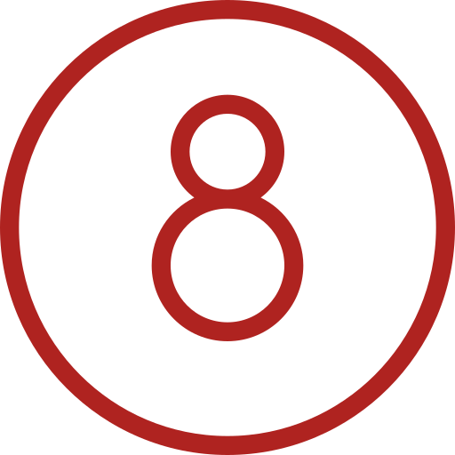 Number 8 inside a red circle on a black background, resembling a classic billiard ball.