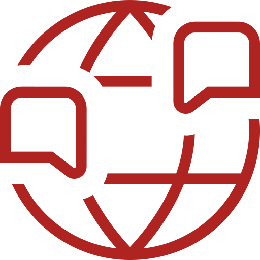 Icon of a globe with two speech bubbles and an arrow circling around it, representing global communication or language exchange.