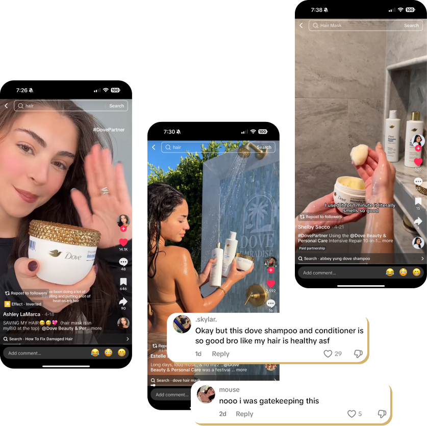 Three screenshots from TikTok videos showing a woman using Dove shampoo and conditioner products, with comments discussing hair care and the products' scent.