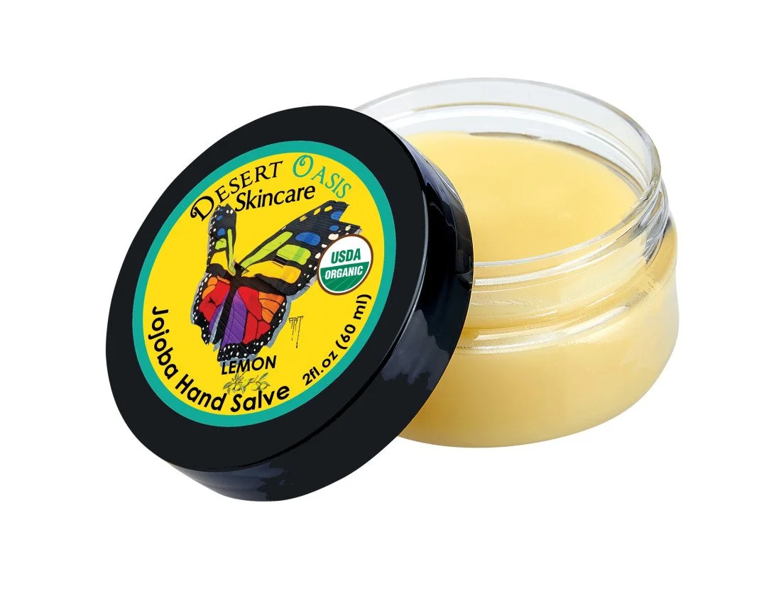 Organic jojoba oil Hand Salves available in Unscented, lemon, lavender and orange from Desert Oasis Skincare. Available through Amazon