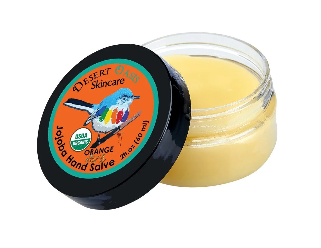 Organic jojoba oil Hand Salves available in Unscented, lemon, lavender and orange from Desert Oasis Skincare. Available through Amazon