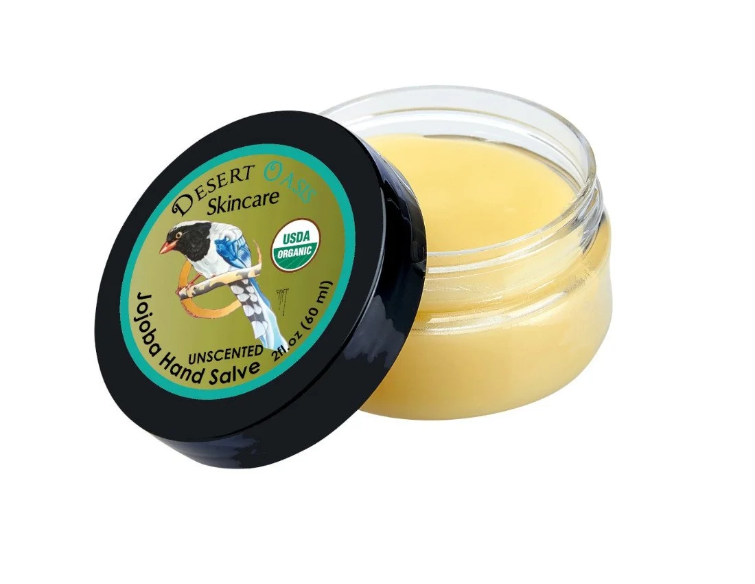Organic jojoba oil Hand Salves available in Unscented, lemon, lavender and orange from Desert Oasis Skincare. Available through Amazon