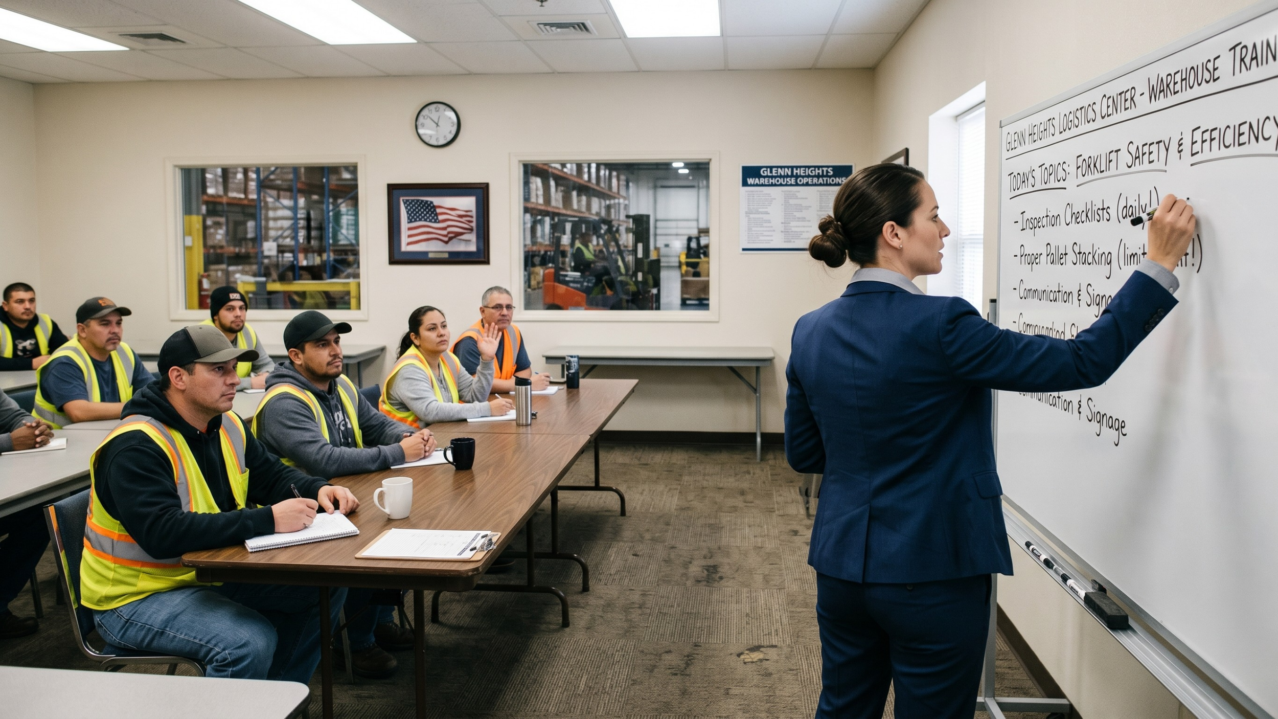 Woman standing at a board teaching a class