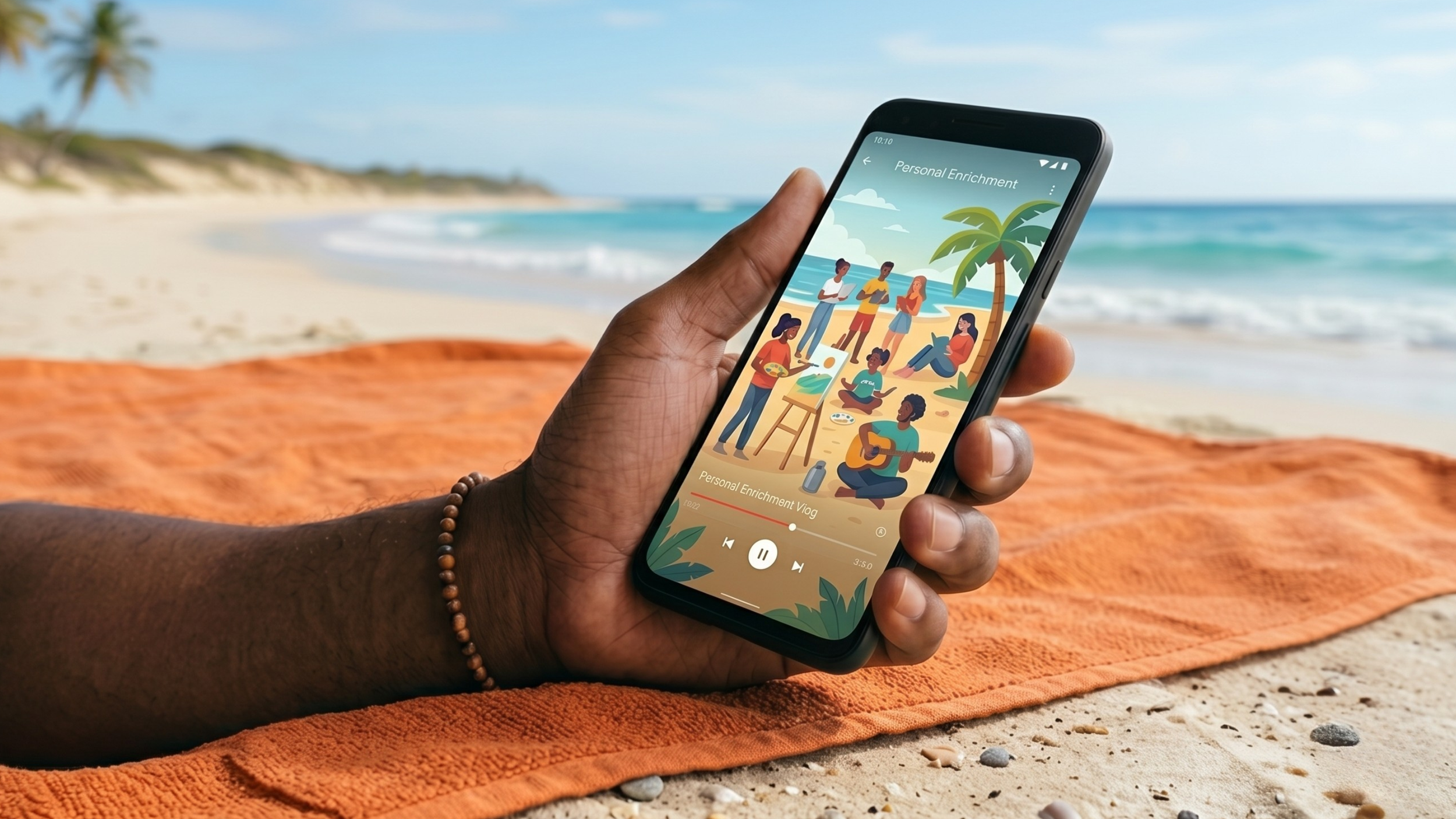 Person holding a smartphone designing a website while at the beach