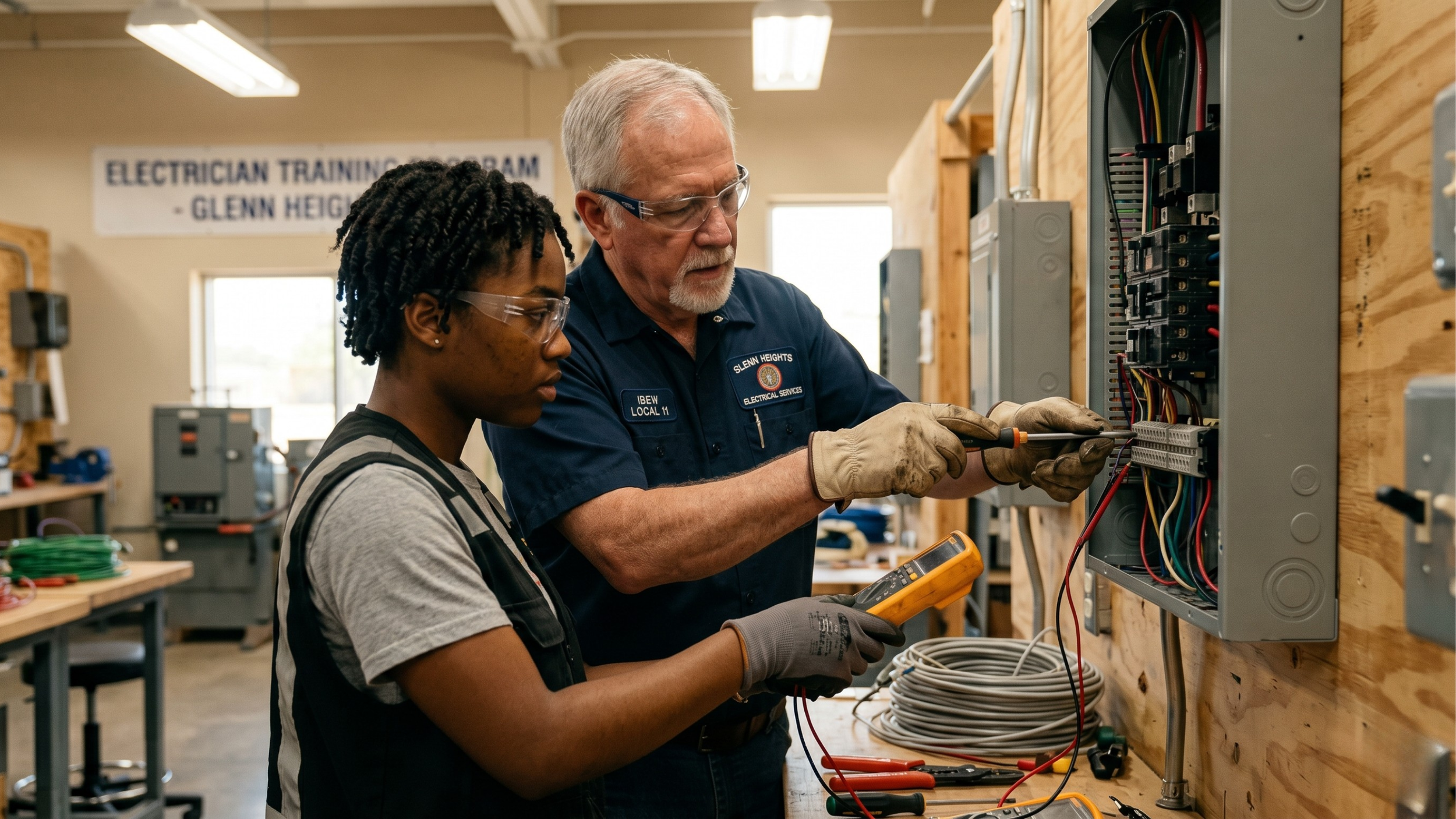Older gentleman teaching a young woman about electrical