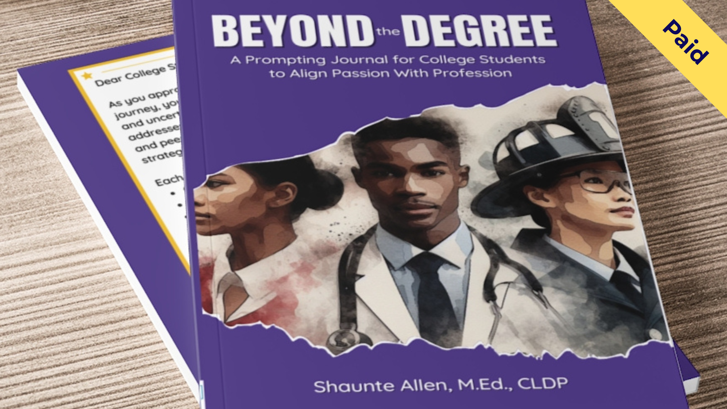Purple book cover titled "BEYOND THE DEGREE: A Prompting Journal for College Students" with a yellow "Paid" banner, featuring a watercolor illustration of diverse professionals.